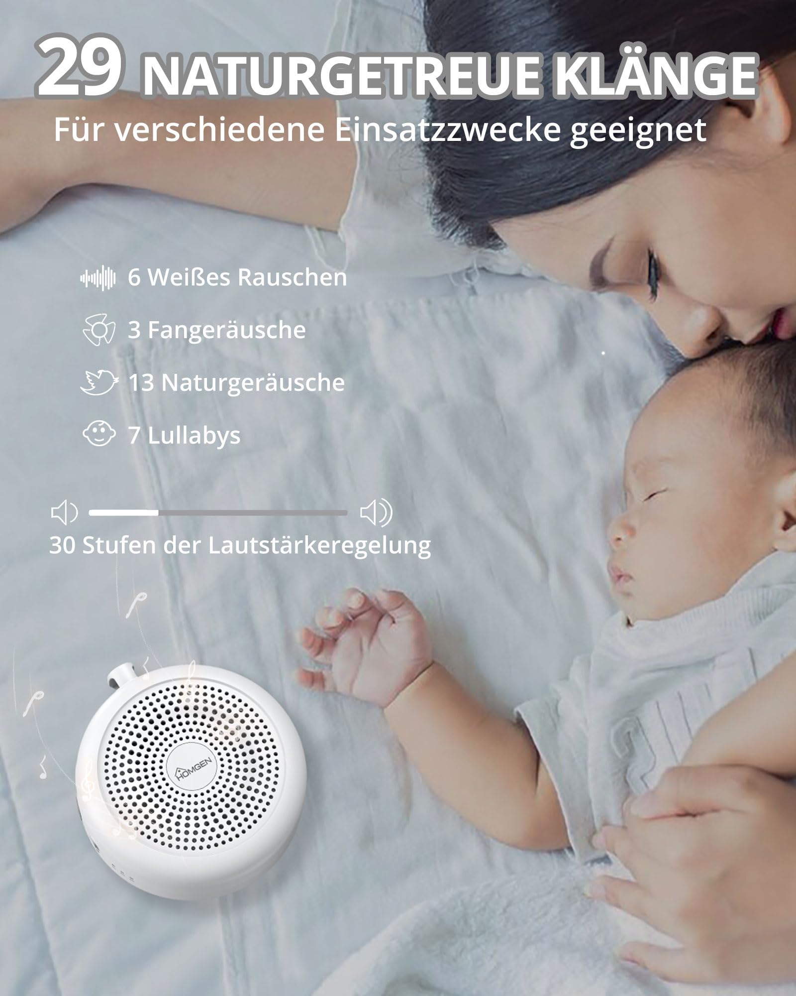 HOMGEN White Noise Machine Baby Einschlafhilfe für Babys & Erwachsene | Tragbare weißes Rauschen, 29 Beruhigende Klänge, 3 Timer-Einstellungen, Langlebige Leistung, Befestigung am Kinderwagen Bett
