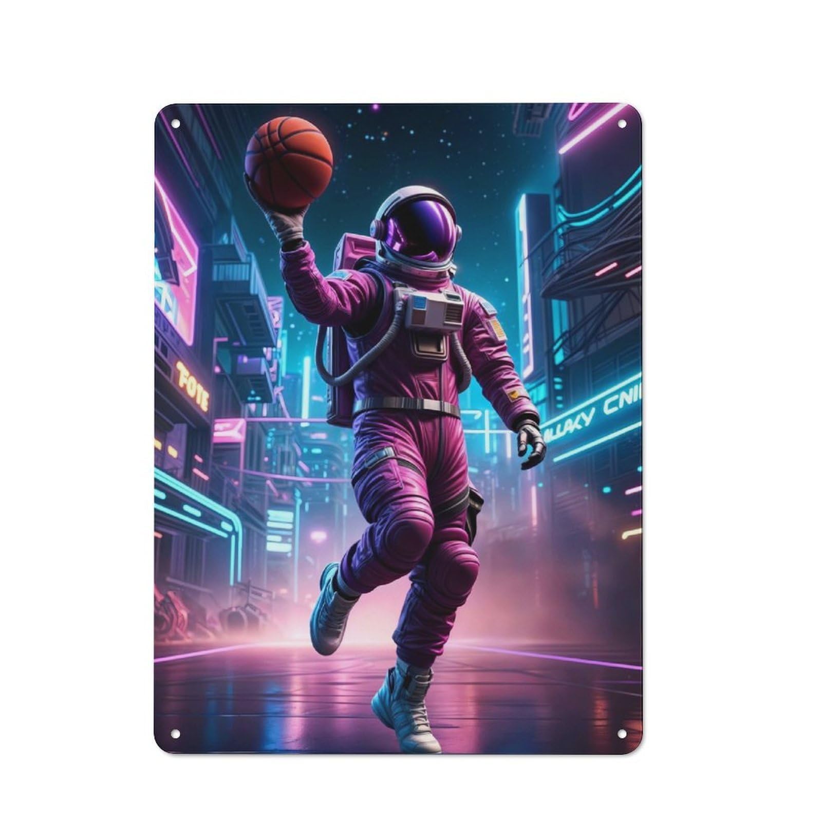 Junmoney Basketball Neon Astronaut Tin Wall Plaque 40X30cm With For Dining Room Or Kitchen, A Metal Wall Feature For Kitchens And Dining Spaces