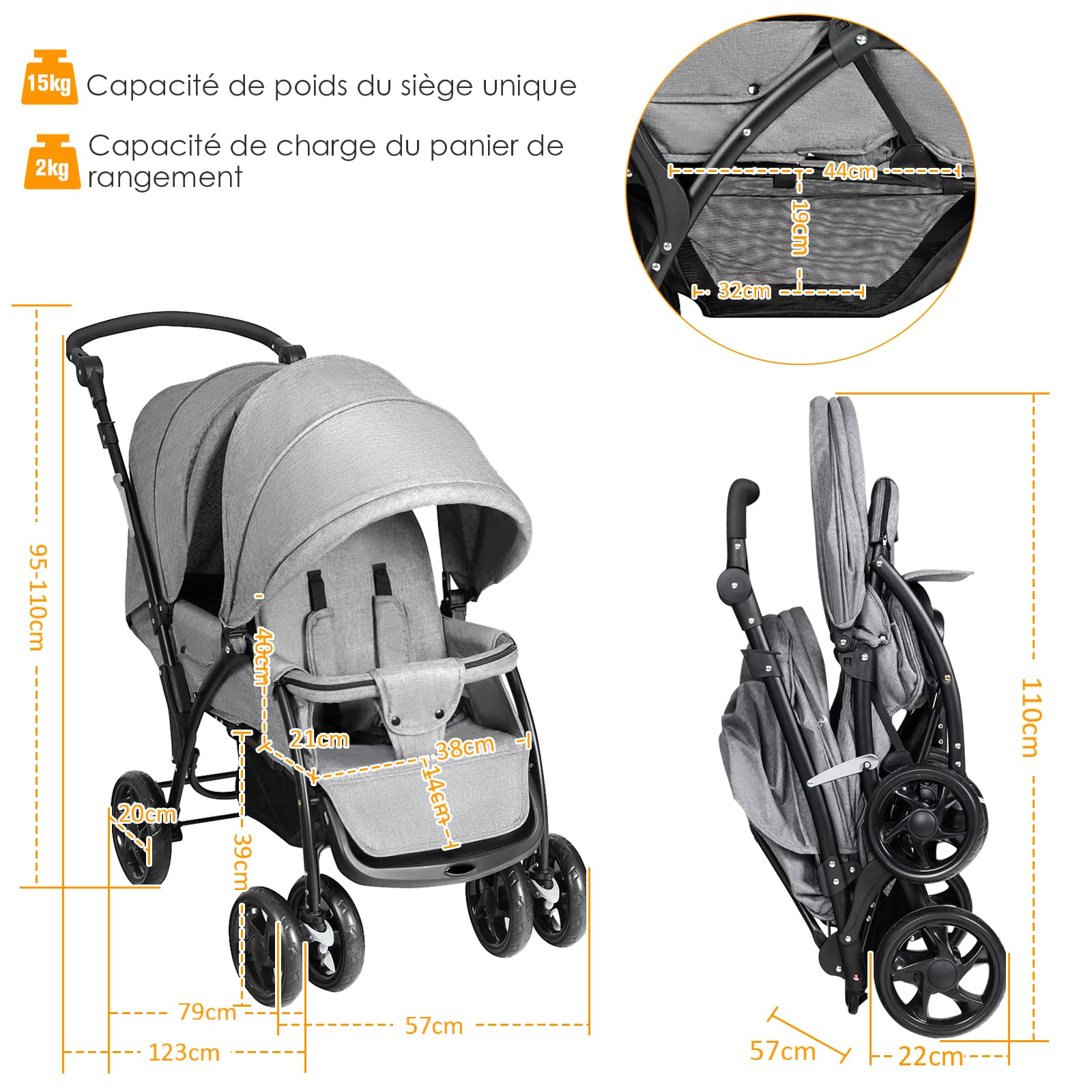 DREAMADE Poussette Double Pliable à 4 Roues avec Freins, Landau pour Bébé avec Ceinture de Sécurité à Cinq Points, Capotes et Pédales Réglables, Charge totale 30kg, Gris