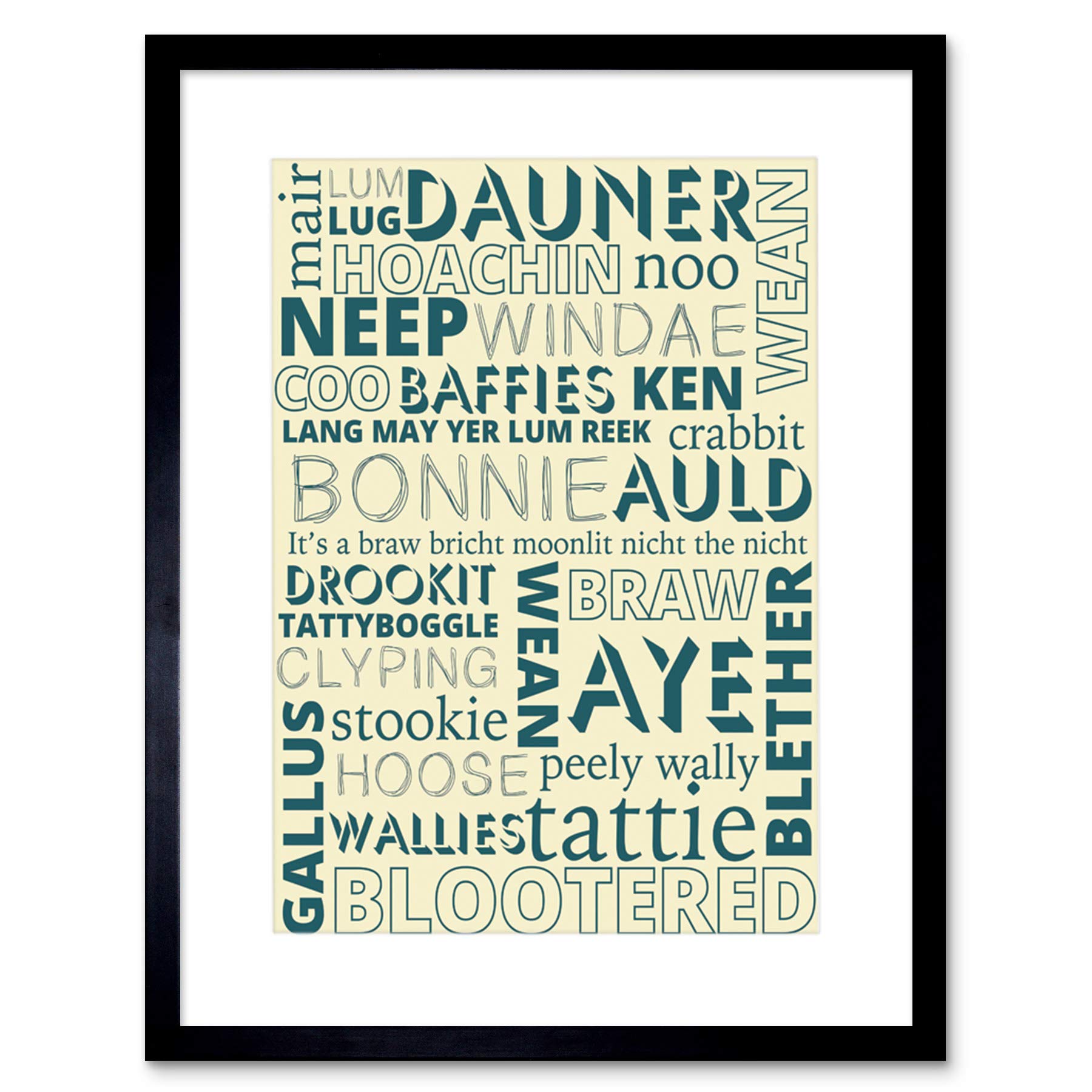 Wee Blue Coo SCOTTISH SCOTLAND SAYINGS WORDS TYPOGRAPHY BLACK FRAMED ART PRINT B12X13737