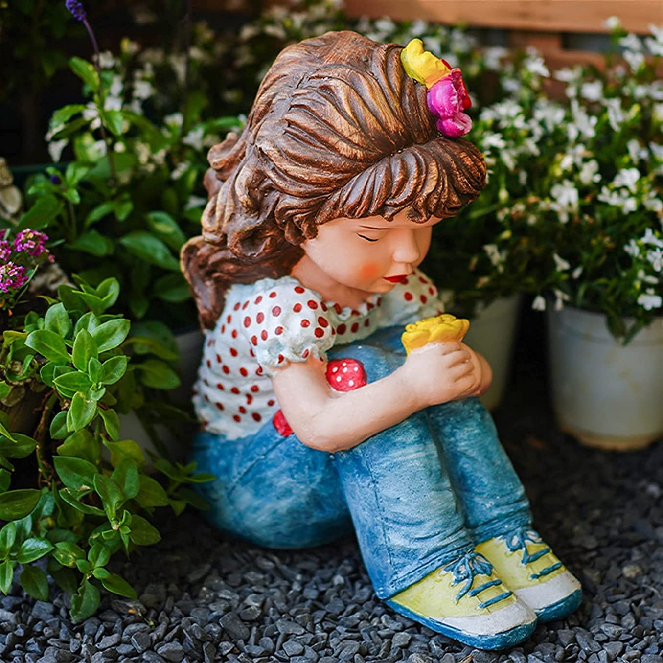 Figurka na zewnątrz patio ozdoba rustykalna siedząca dziewczyna statuetka na balkon ogród ozdoba, 34 cm wysokości