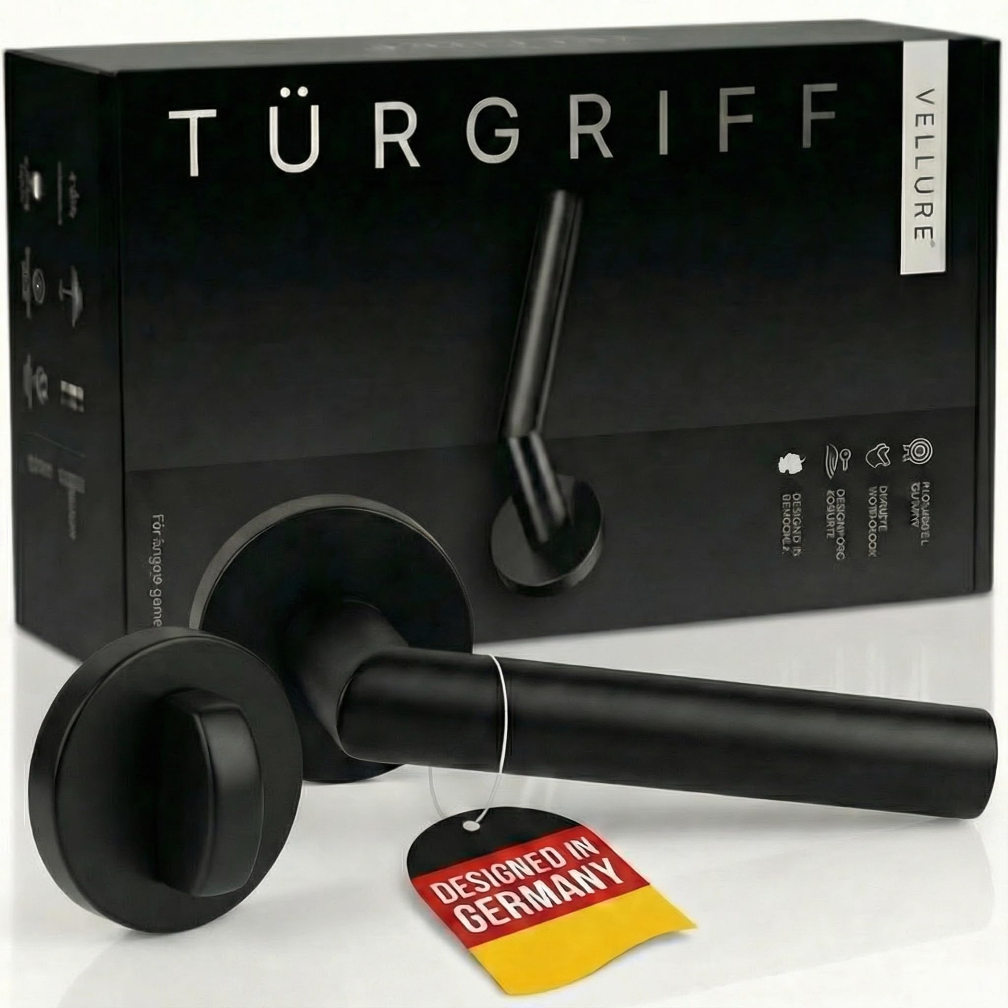 Vellure® Türgriffe Schwarz Innentüren [Inkl. Bohrschablone] – Drückergarnitur WC & Türklinke Schwarz – Hochwertiger Türgriff & Türbeschläge Set – WC Türschloss mit Drehknopf