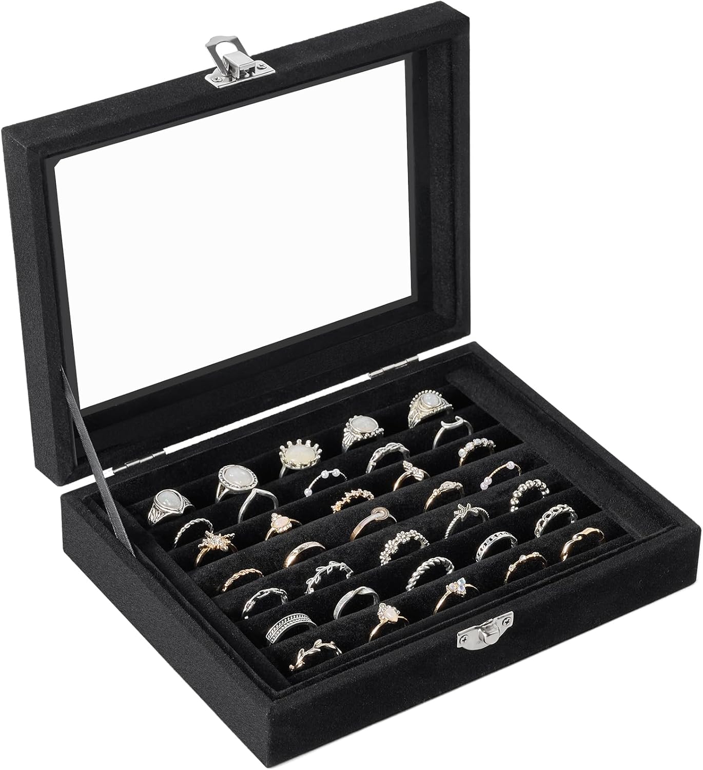 Jutieuo Black Velvet Ring Organizer Box - 7 Slots Jewelry Holder with Glass Lid, Earring Display Tray Storage Case for Women & Girls
