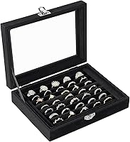 Jutieuo Black Velvet Ring Organizer Box - 7 Slots Jewelry Holder with Glass Lid, Earring Display Tray Storage Case for Women & Girls