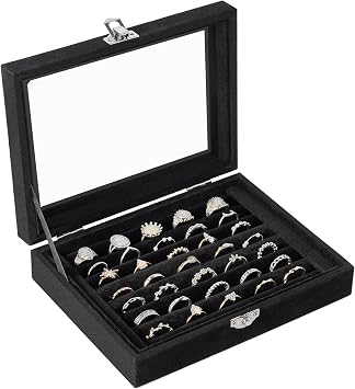 Velvet Ring Organizer Box, 7 Slots Jewelry Holder with Glass Lid Earring Display Tray Storage Case Gift for Women and Girls Black