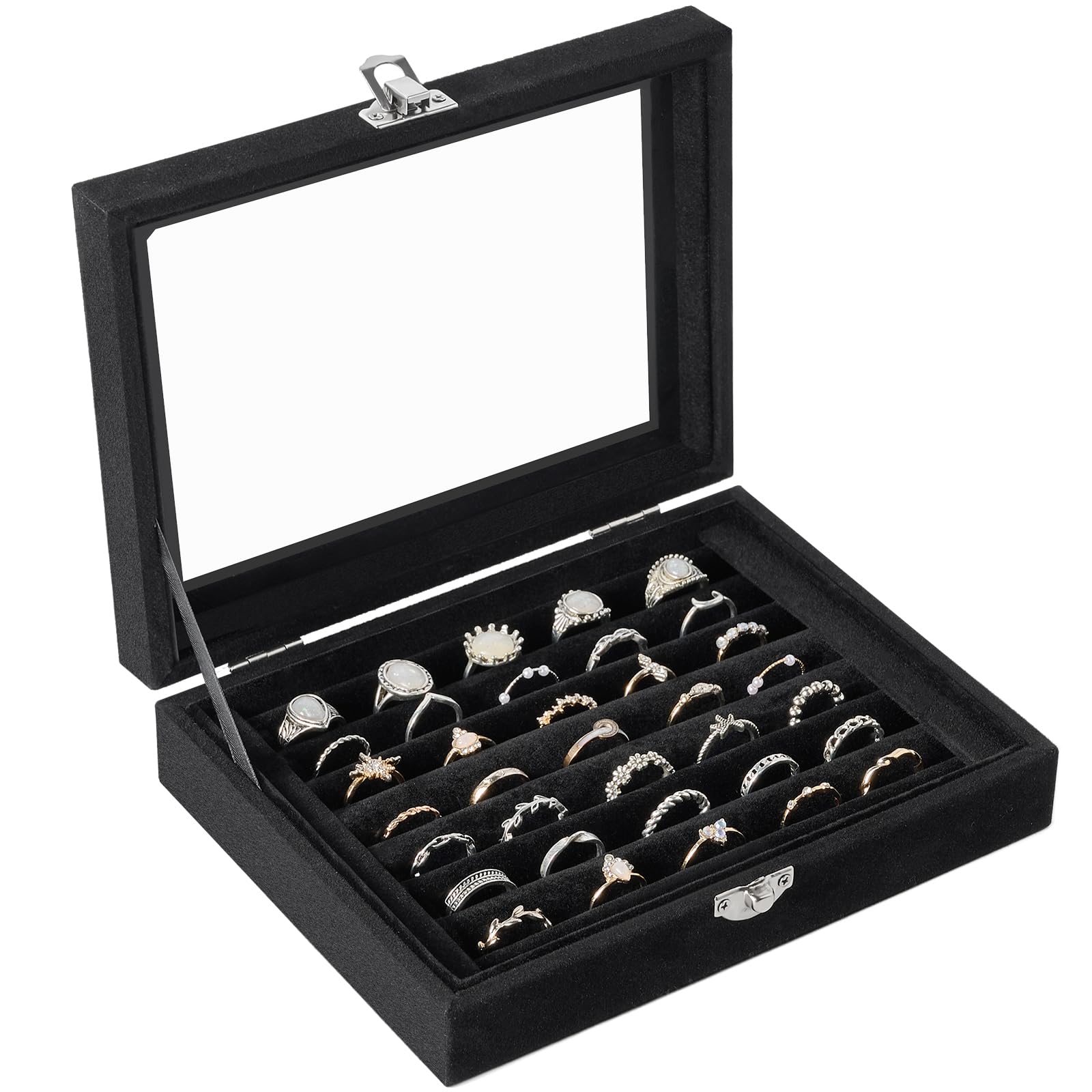 Jutieuo Velvet Ring Organizer Box, 7 Slots Jewelry Holder with Glass Lid Earring Display Tray Storage Case Gift for Women and Girls (Black)