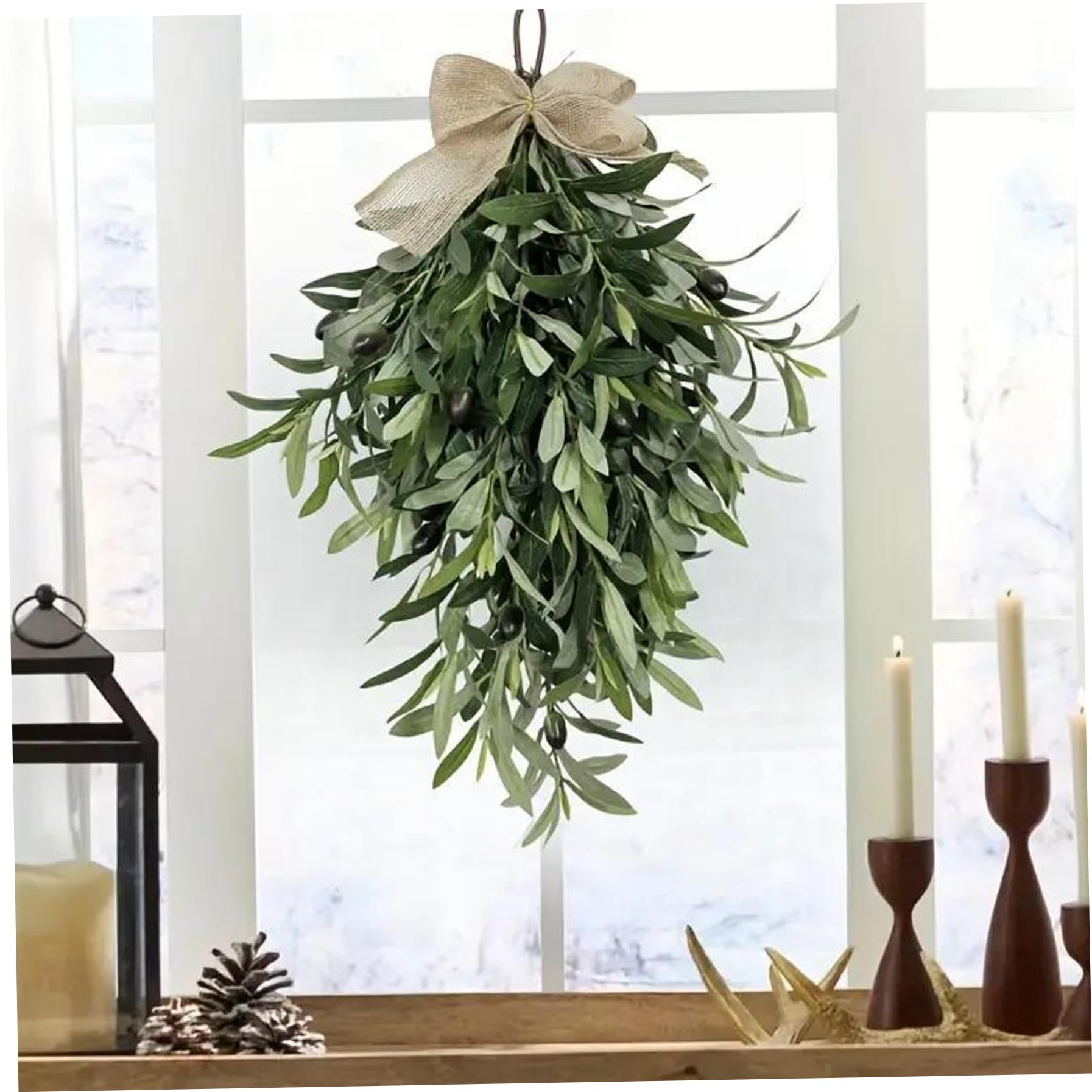 Künstlicher Olivenkranz mit Sackleinenschleife, 61 cm Langer Tropfen-Swag für Haustür, Wand und Hochzeitsdekoration