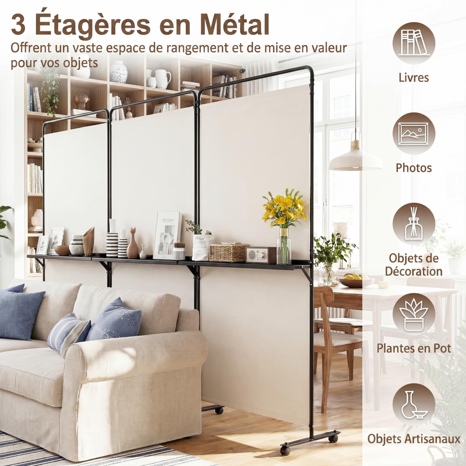 COSTWAY Paravent Interieur 3 Panneaux 259x188cm, 3 Étagères en Métal, Blanc