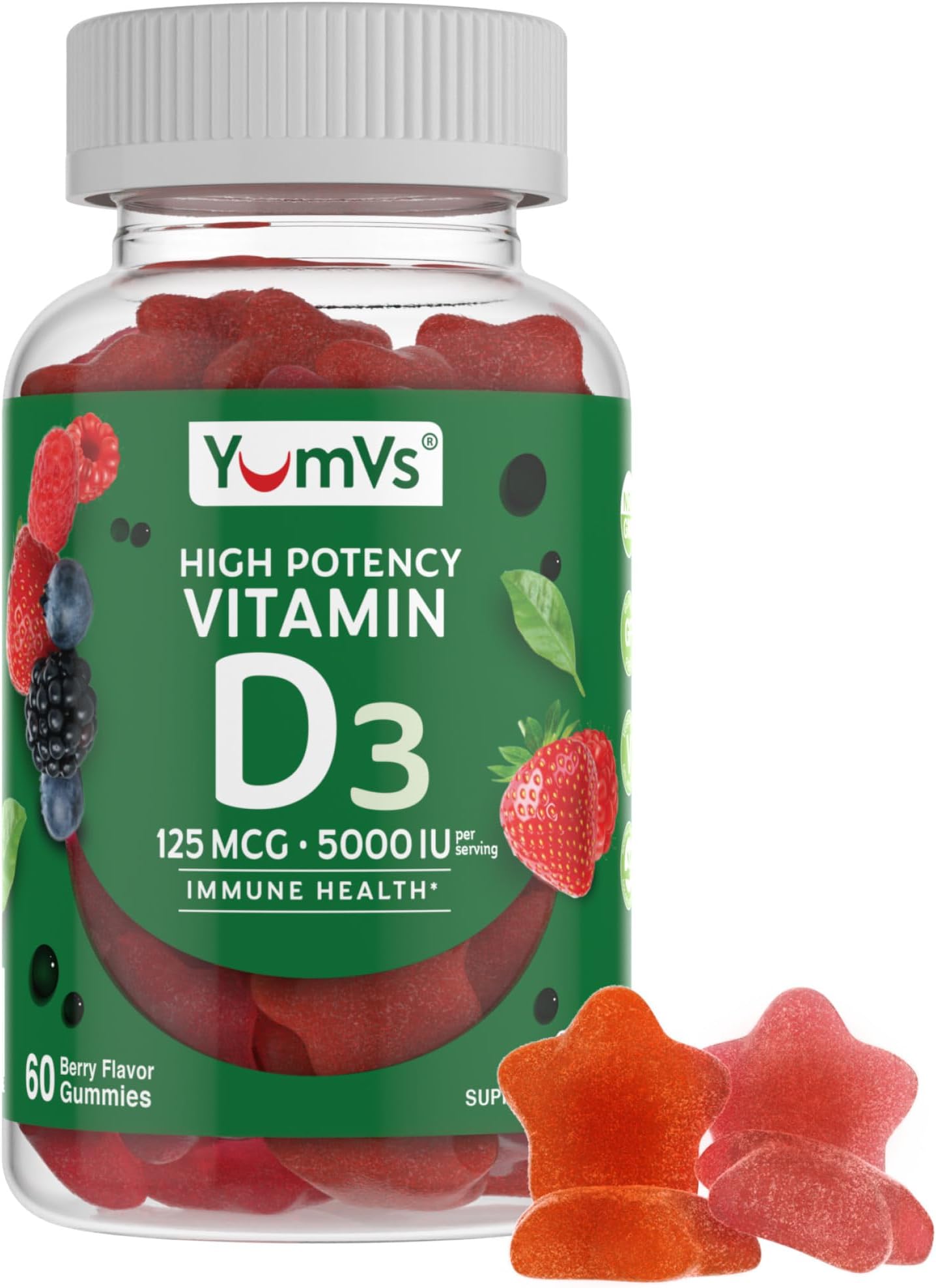 YumVs Complete Vitamin D3 Jellies (Gummies) 5000 IU of Vitamin D, Mixed Berry Flavor (60 Ct); Daily Dietary Supplement for Men and Women, Chewable, Vegetarian, Kosher, Halal, Gluten Free