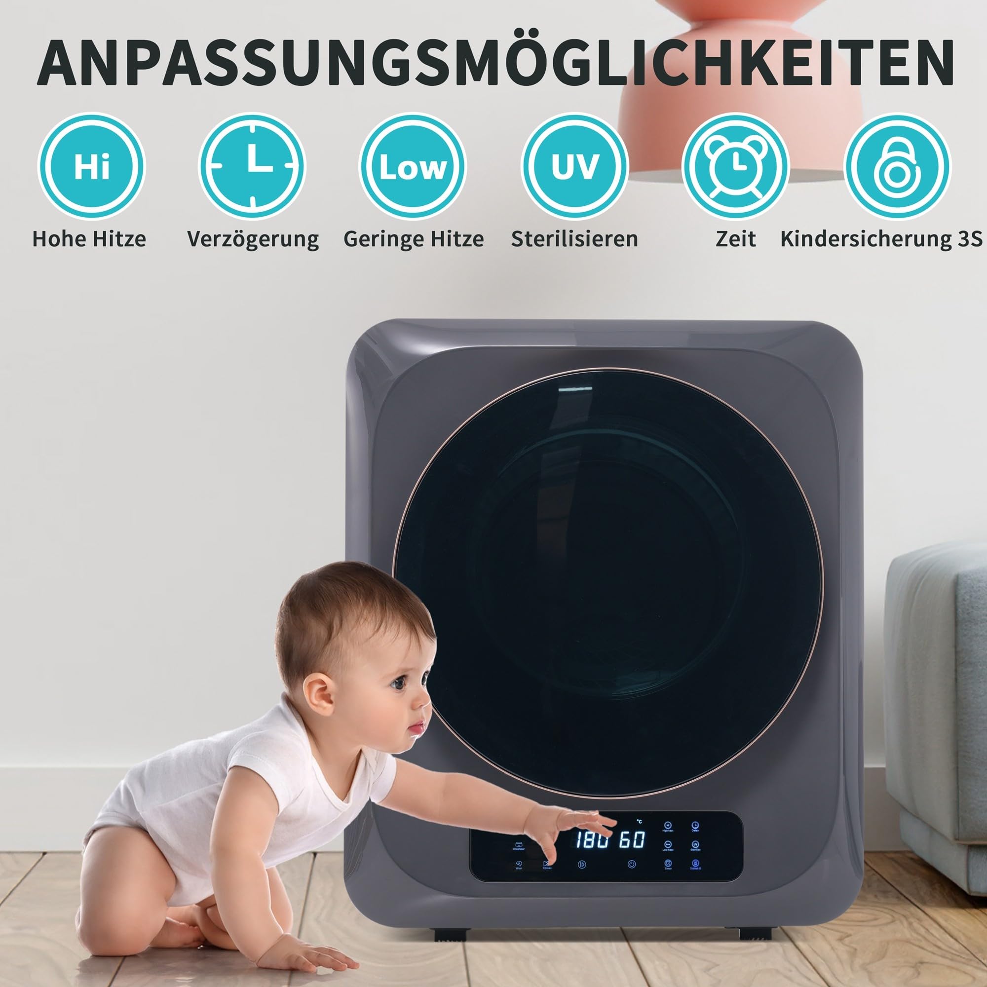Wäschetrockner Abgastrockner, Edelstahltrockner, 2,5 kg, tatsächlich bis zu 4 kg, 850 W, Mehrfachfiltration, 6 Programme, 6 Funktionen. Überhitzungsschutz, Wandmontage,Grey