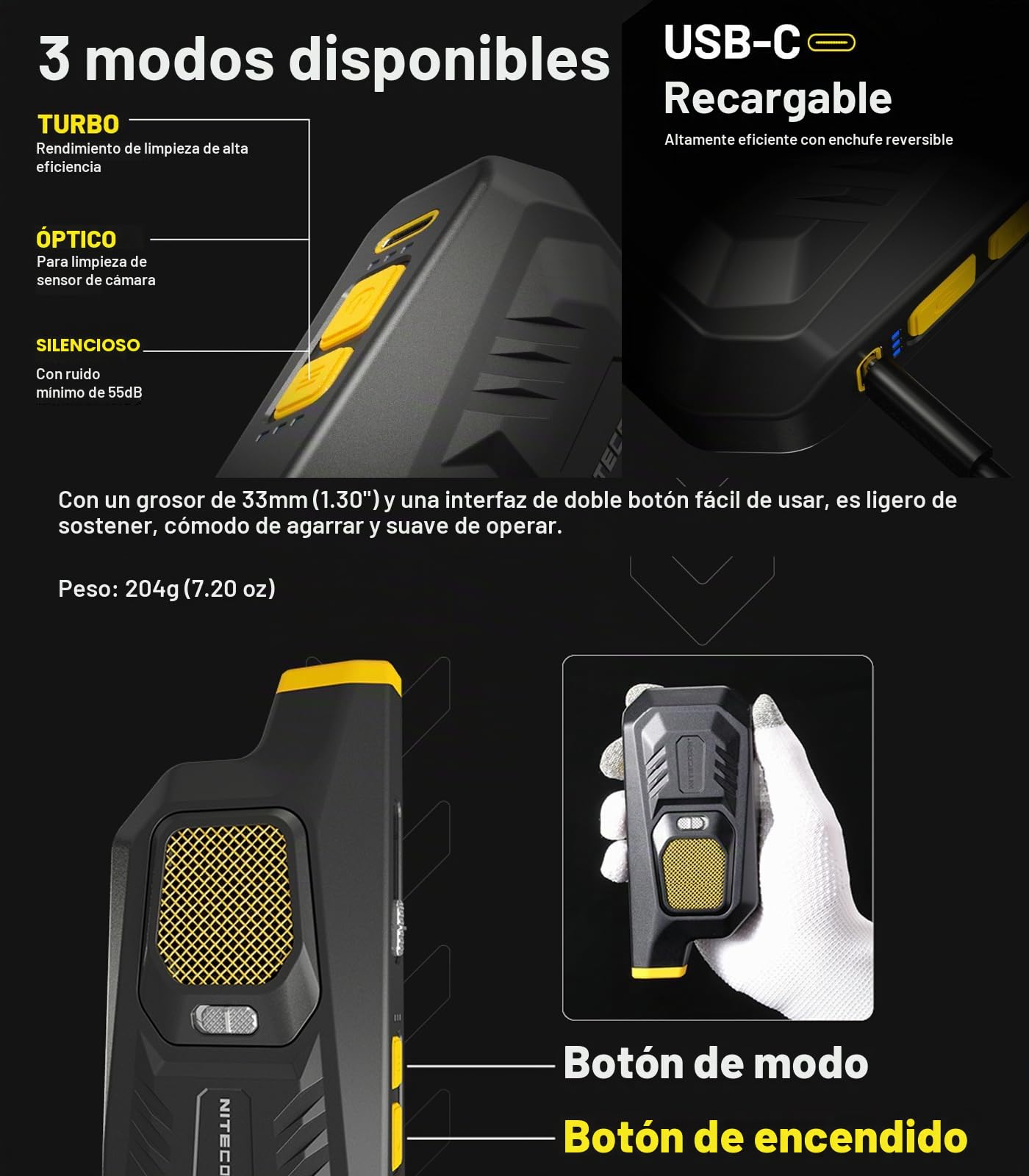 Nitecore Blowerbaby BB21 - Soplador de aire electrónico de limpieza de 2,7 kPa con cepillo de liberación rápida para limpiar lentes de cámara y más