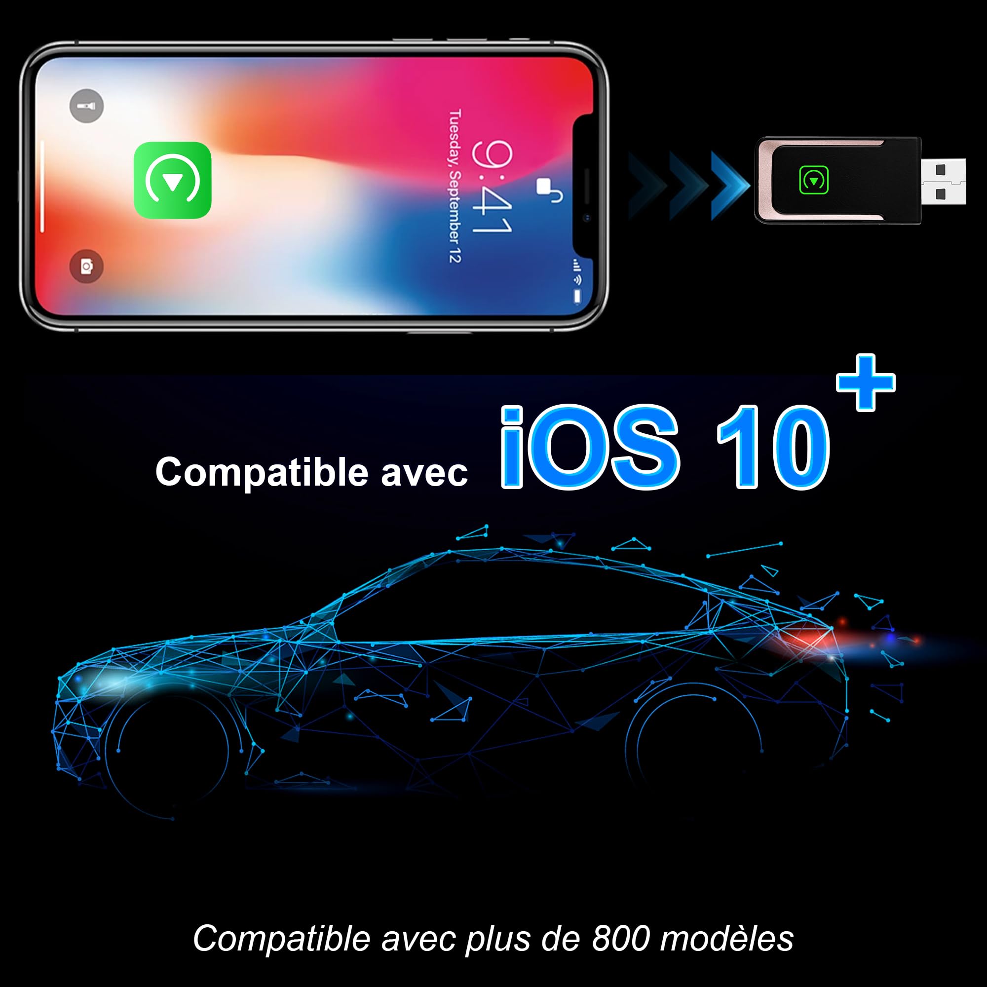 Adaptateur Carplayy sans Fil, Mini clé USB Carplayy sans Fil, Plug and Play, Compatible avec Les Voitures fonctionnant sous iOS 10+ et Carplayy (Rose)