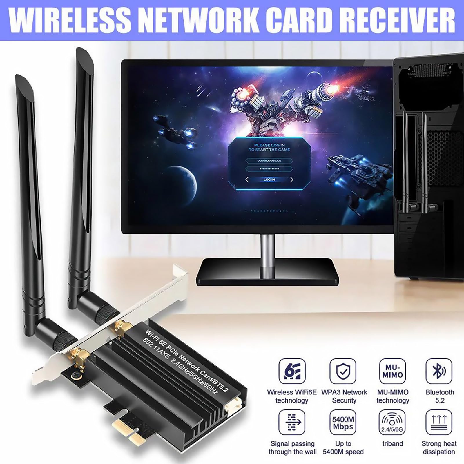 AX5400 Carte réseau Bluetooth 5.2 tri-bande 6G/5.8G/2.4GHz PCI-E WiFi 6, cartes réseau sans fil