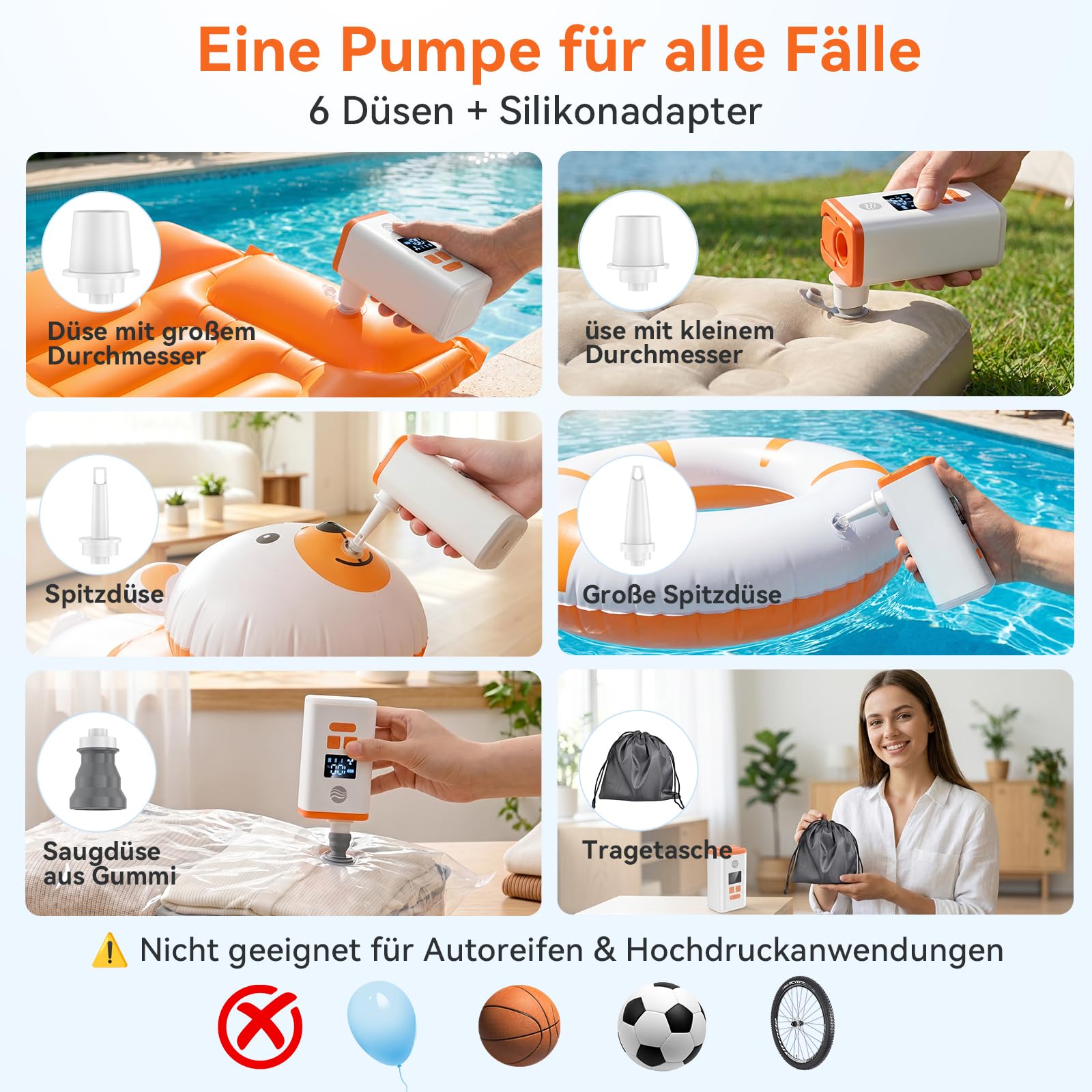 Mini Bomba Eléctrica de Aire 4.8 kPa, Inflador Eléctrico con Linterna de Camping, Inflado y Desinflado Rápido de 300L/min, Portátil para Camas Inflables Flotador Bolsas Vacío Ropa, Viajes y Aire Libre