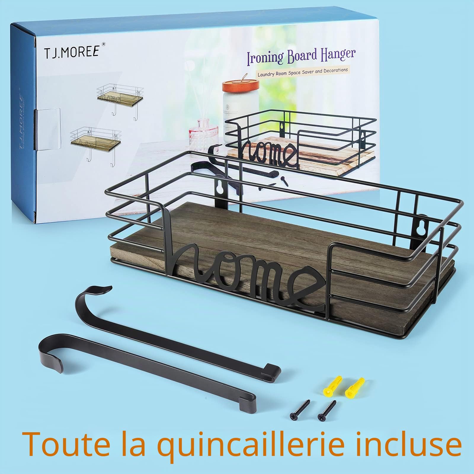 TJ.MOREE Support mural pour planche à repasser - Décoration de buanderie - Support de fer et de planche à repasser - Organisation et rangement de la buanderie avec grand espace de rangement - Panier