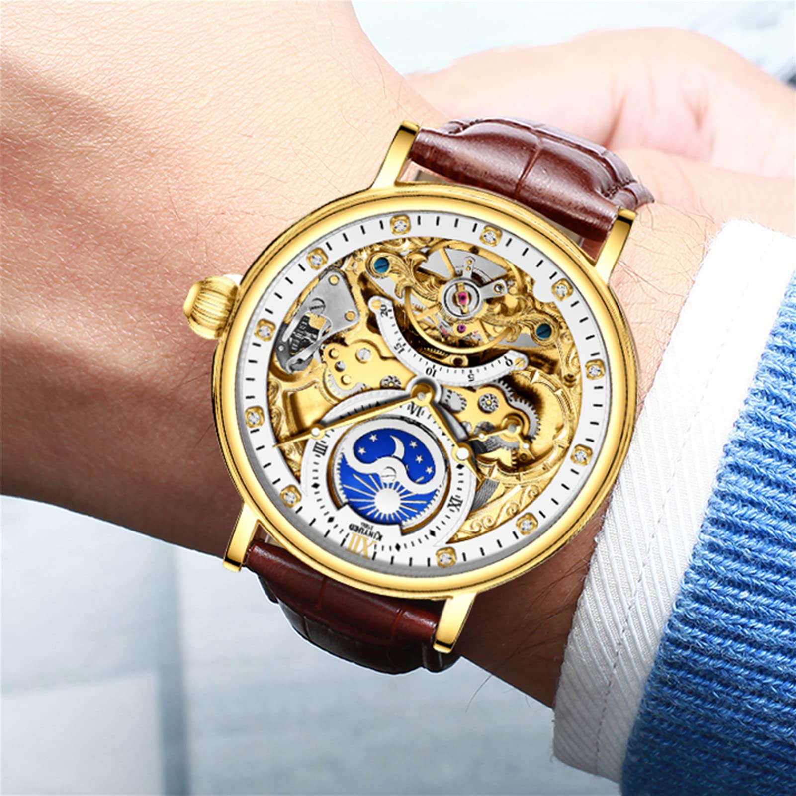 FORSINING Herren-Armbanduhr Tourbillon Mondphase, automatische Armbanduhr, modisch, Business, luxuriös, Skelett, Herrenuhr, zweifache Zeitanzeige, selbstaufziehendes Lederband, Goldbraun, Armband