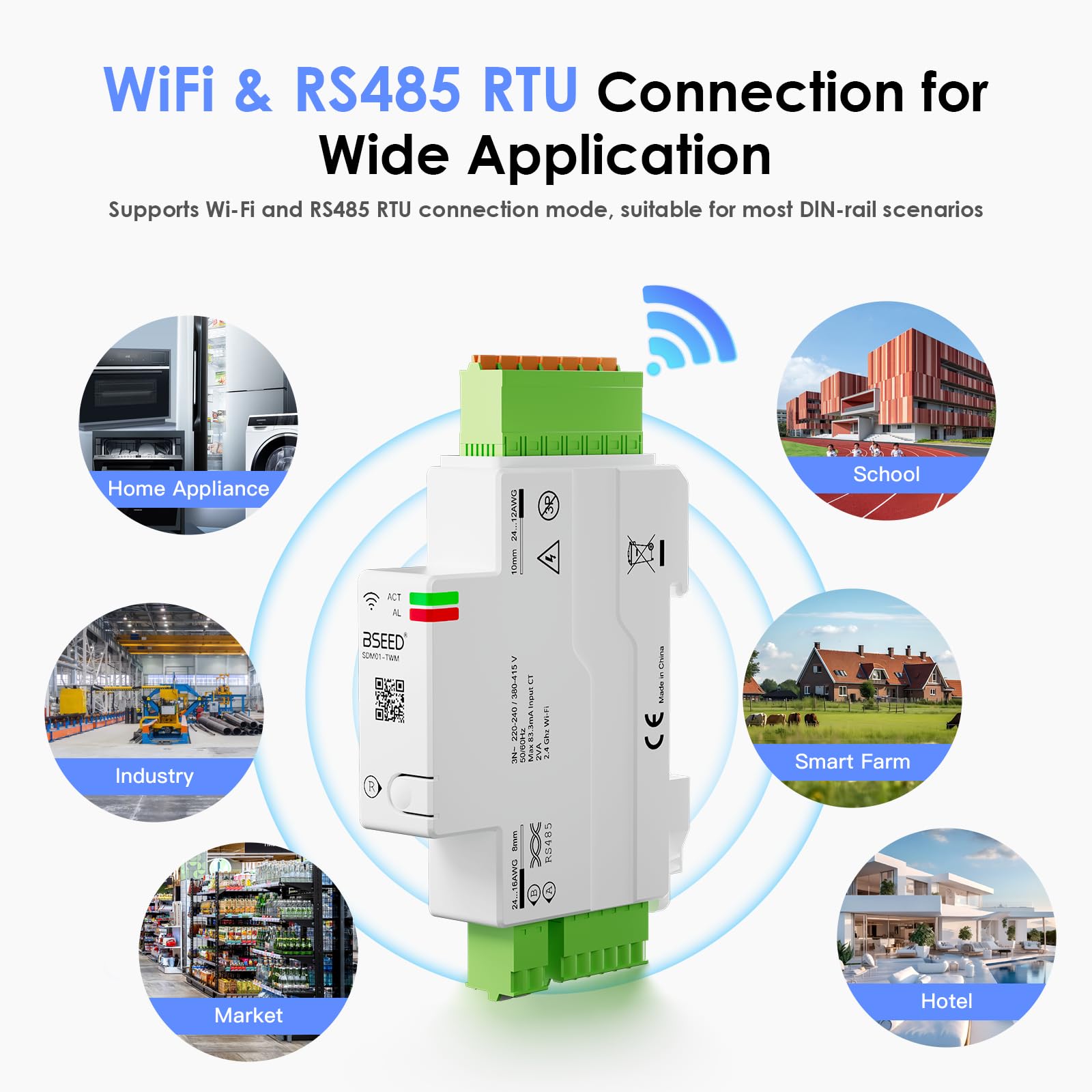 BSEED Contatore elettrico WLAN a 3 fasi, 120 A, con guida DIN, contatore di energia intelligente con misurazione del consumo energetico, Modbus RS485 RTU, controllo remoto app, archiviazione dati