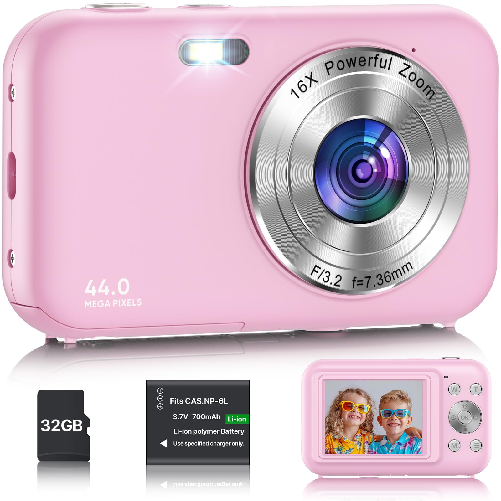 Cámara Digital Compacta con Tarjeta 32GB, FHD 1080P 44MP Cámara de Fotos, Portátil Recargable Cámara Fotos con Zoom 16X y Pilas Cámara para Niños, Principiantes, Adulto(Rosa)