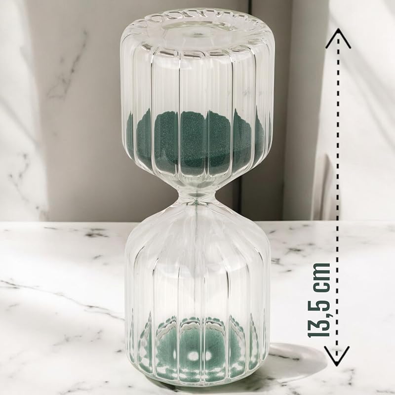 MIJOMA Elegáns Üveg Homokóra 10 Perces Időzítéshez - Relaxációs és Időkezelési Eszköz - 6x13,5 cm - Zöld Dekoráció Otthonba, Irodába
