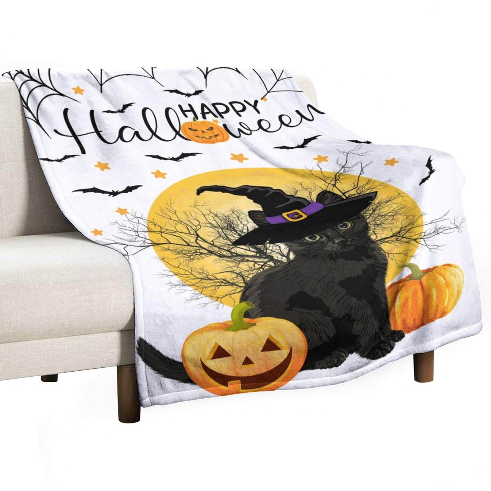 Couverture polaire Happy Halloween avec chat noir et chapeau de sorcière 127x152cm