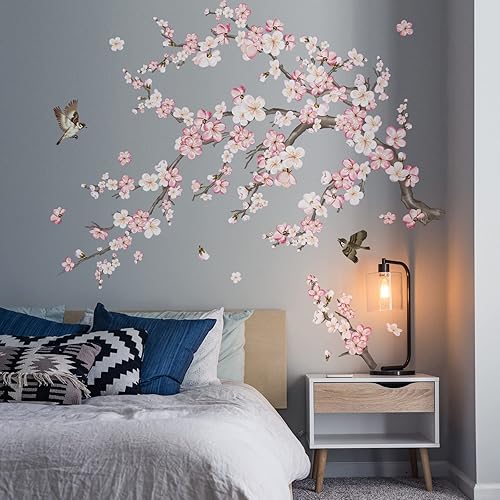 Miniatura 2 de wondever Pegatinas de pared con diseño de flor de cerezo, ramas de árbol de flores rosas y blancas, calcomanías artísticas de pared para sala de