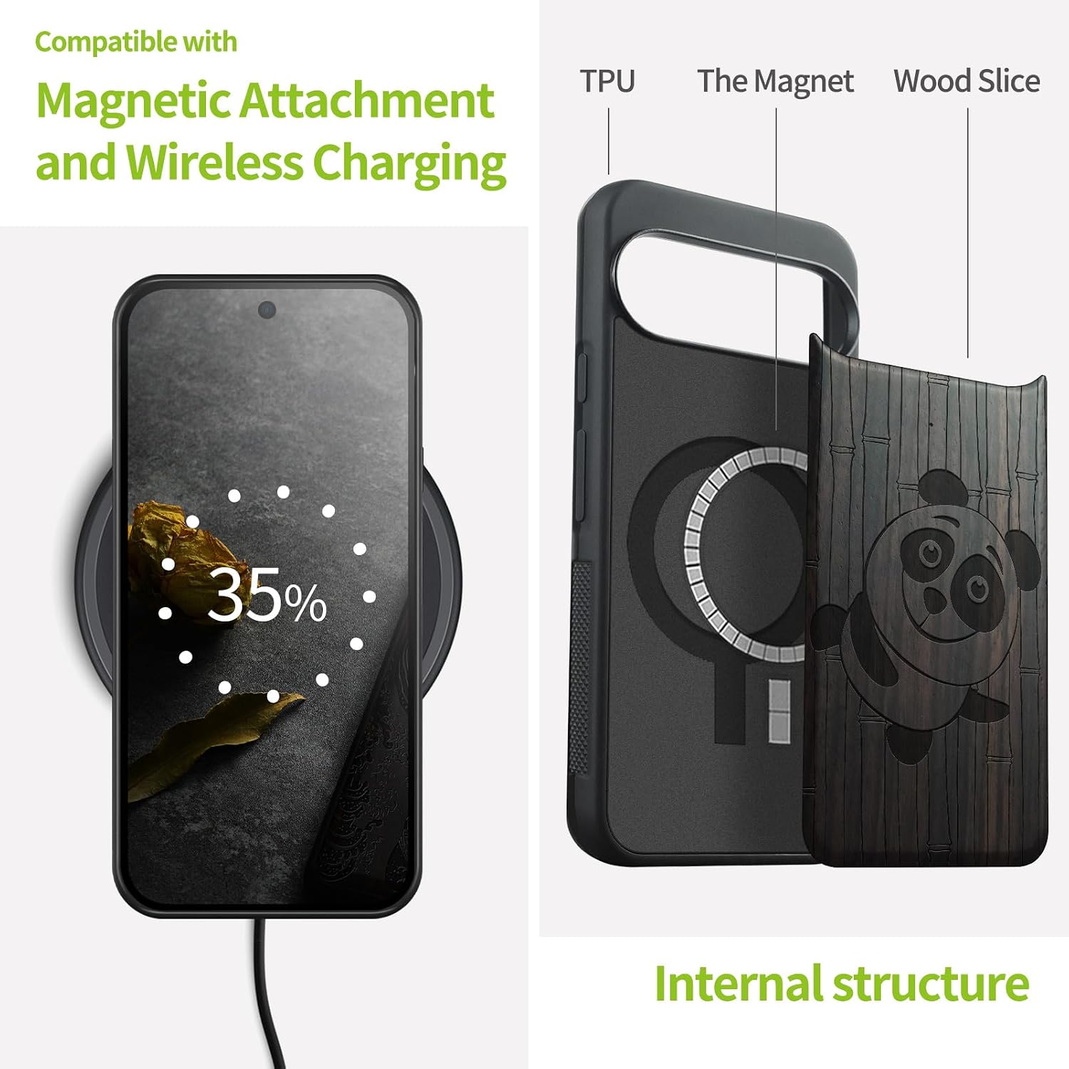 Carveit Magnetic Wooden Case for Google Pixel 10 Pro XL Case, Wood Artisan Engraved & Soft TPU Shockproof Cover, Compatible with MagSafe Wireless Chargers (Playful Panda Bamboo) Blackwood