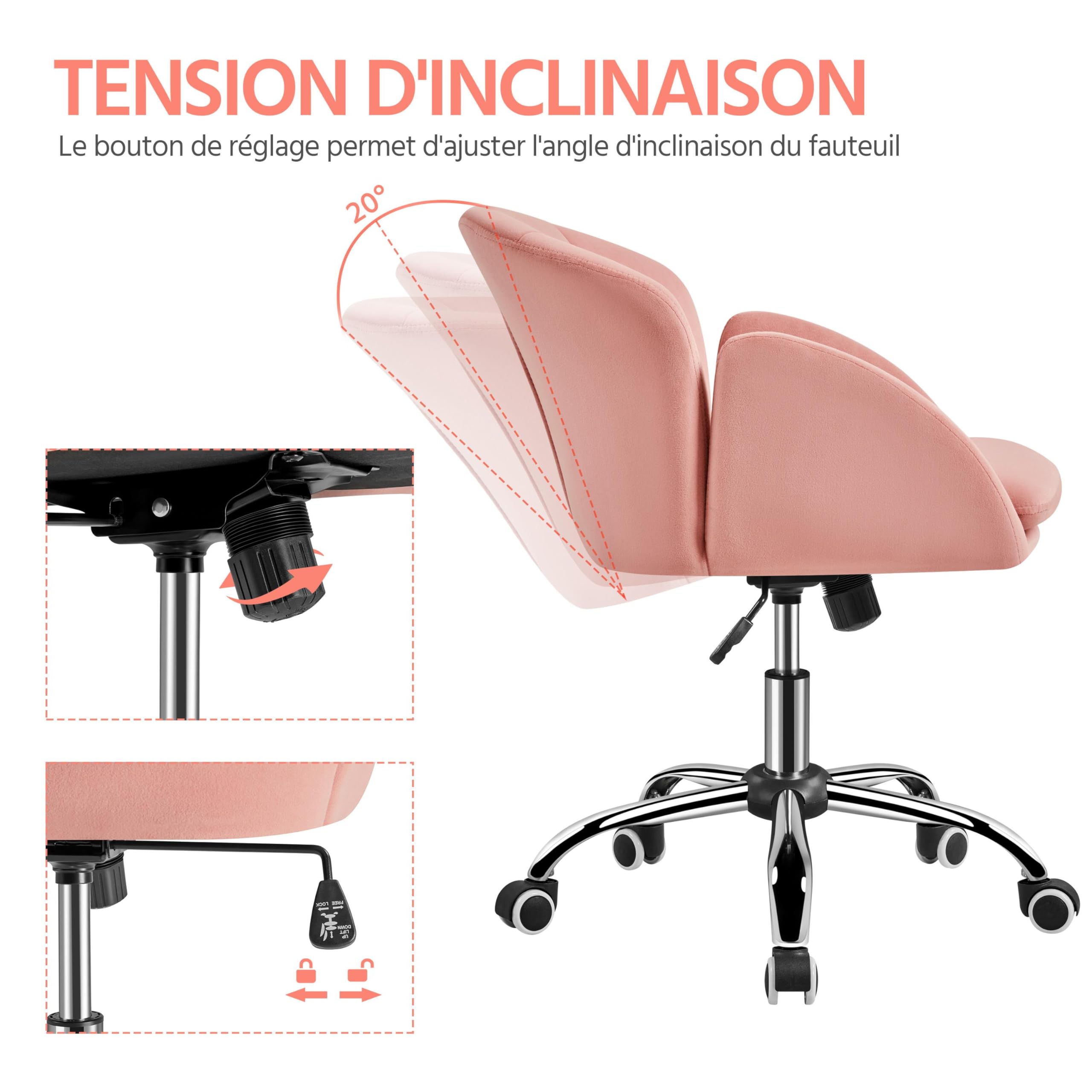 Yaheetech Chaise Bureau Design Fleur Fauteuil de Bureau en Velours Hauteur Réglable avec Dossier Arrondi Inclinable pour Chambre Bibliothèque Rose