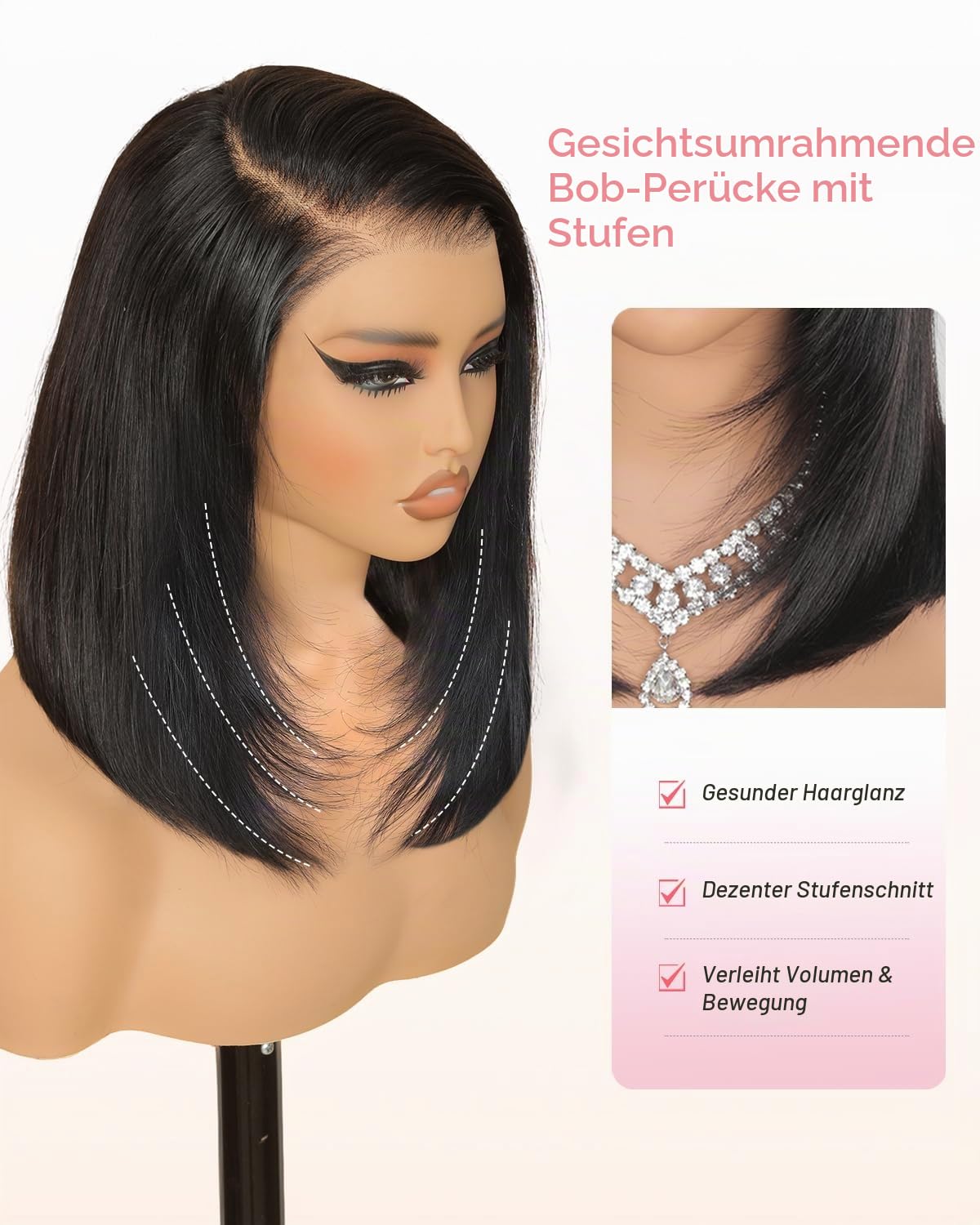 Layered Cut Straight Bob Wig Human Hair,9x6 Glueless Wig Human Hair with Drawstring Pre Cut Pre Plucked Echthaar Perücke Lace Front Wigs Ready to Wear Straight Bob Perücke Damen Echthaar 10 Zoll