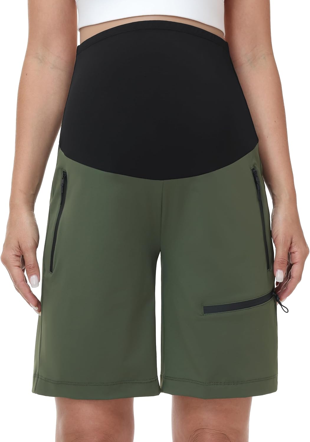 Maternity Shorts Stretchy Pregnancy Cargo Shorts | Over Belly, Quick Dry, Lightweight Breathable, Relaxed Fit, Zipper Pockets, Workout Running Hiking Summer Short Pants