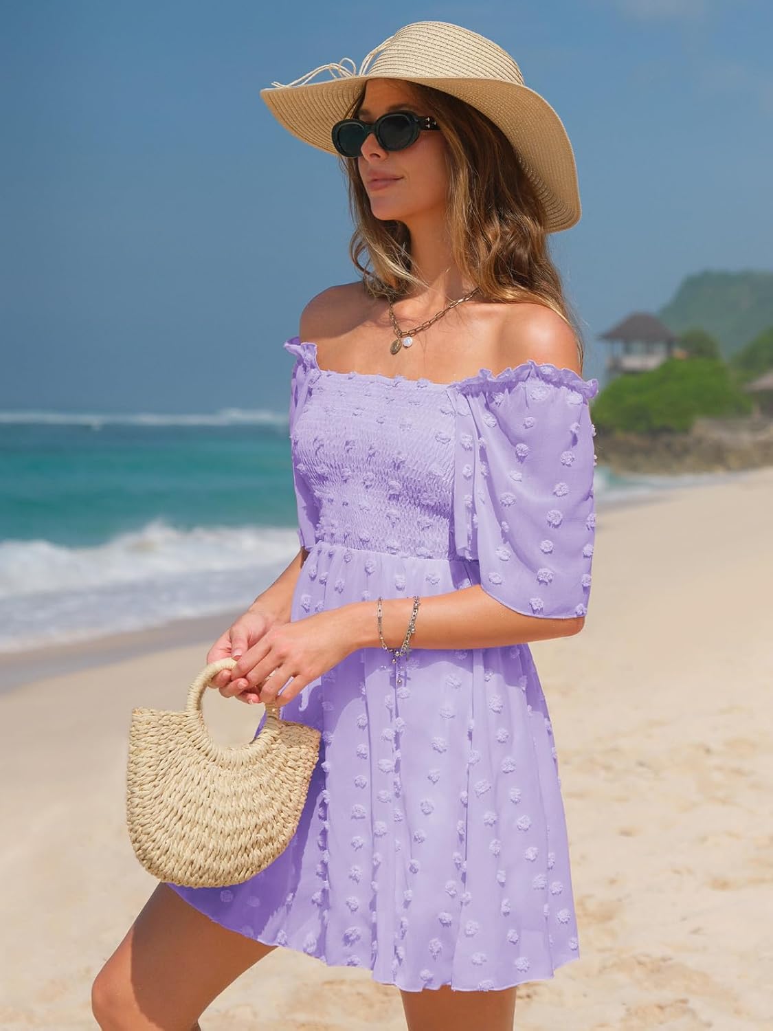 EXLURA Women's 2026 Summer Casual Square Neck Dresses Ruffle Short Sleeve Swiss Dot Flowy Mini Dress - Image 2