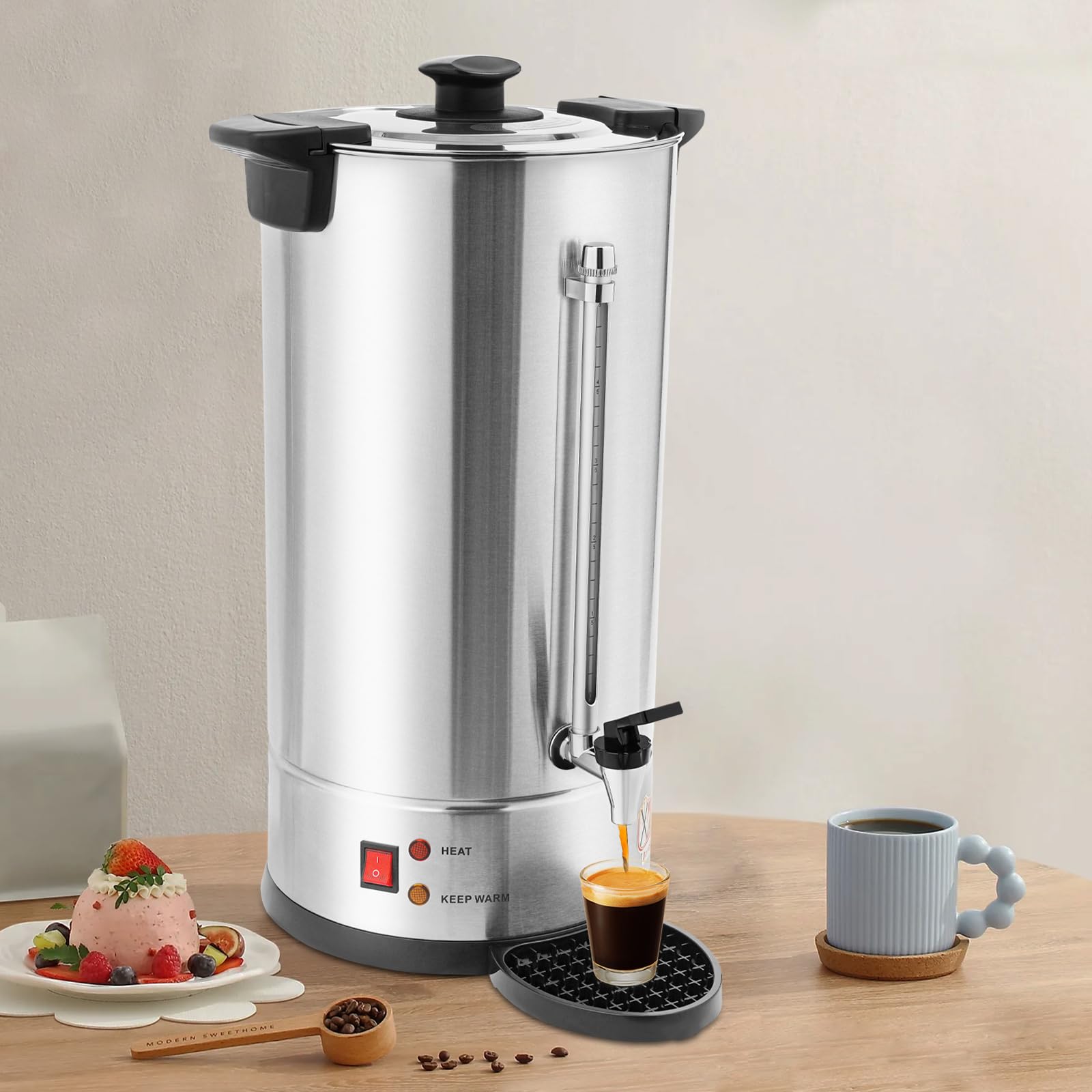 Commercial Coffee Urn, 1500W Stainless Steel Hot Beverage Dispenser Hot Water Urn 25L with Water Collecting Tray (Silver)