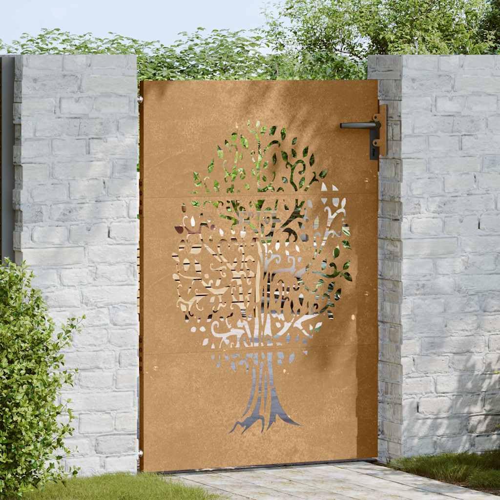Gartentor 85x125 cm Cortenstahl Rostoptik Baum-Design abschließbar Modernes Zauntor für Garten Terrasse und Eingangsbereich