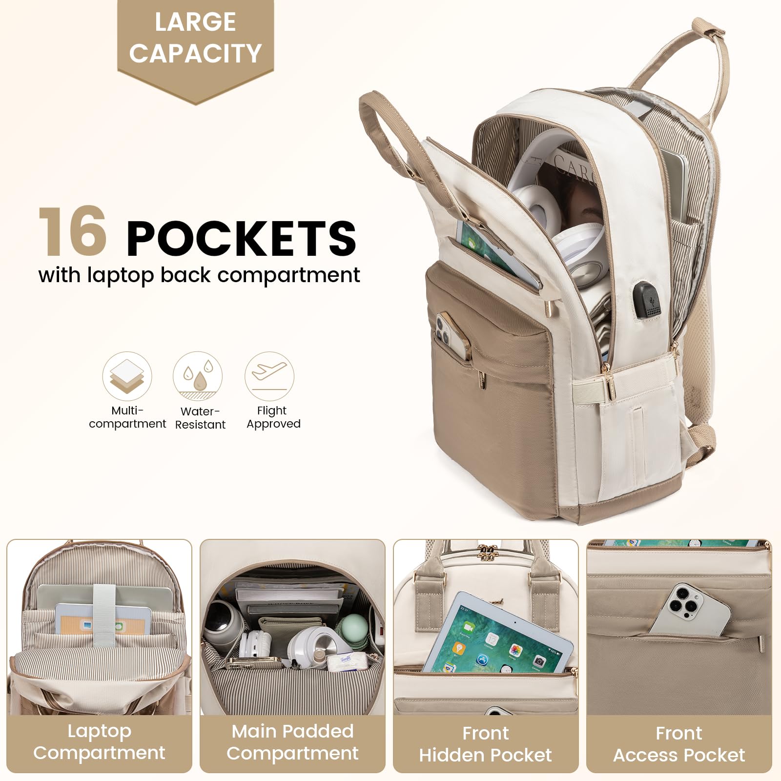 Mochila para laptop para mujer, bonita mochila para laptop con puerto USB, mochila de viaje impermeable, Caqui - Beige, Mochila para laptop 2
