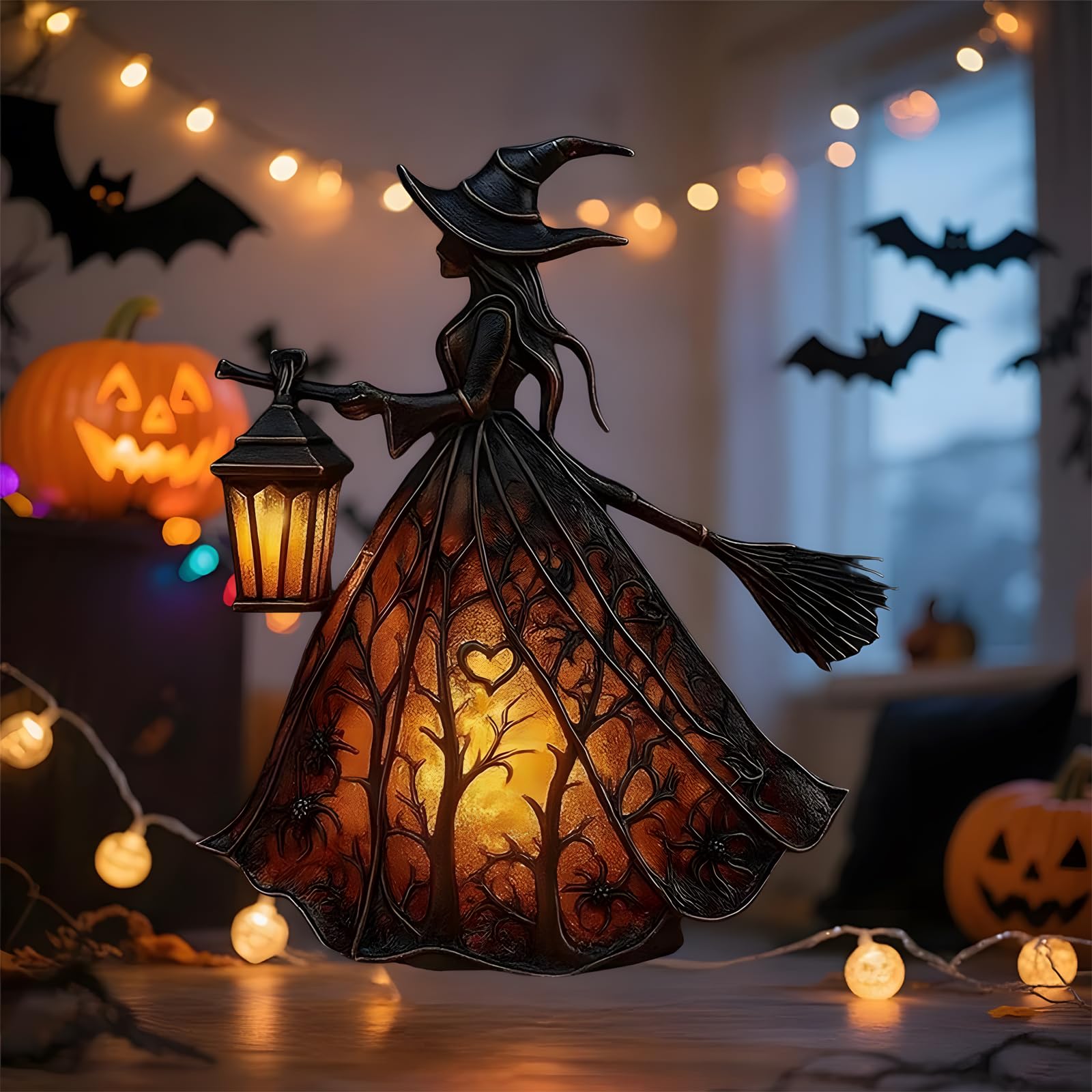 Lámpara de bruja de Halloween, decoración gótica de bruja espeluznante con linterna de sujeción, figura de decoración de lámpara de mesa, luz nocturna de bruja de pie para el hogar, porche, mesa