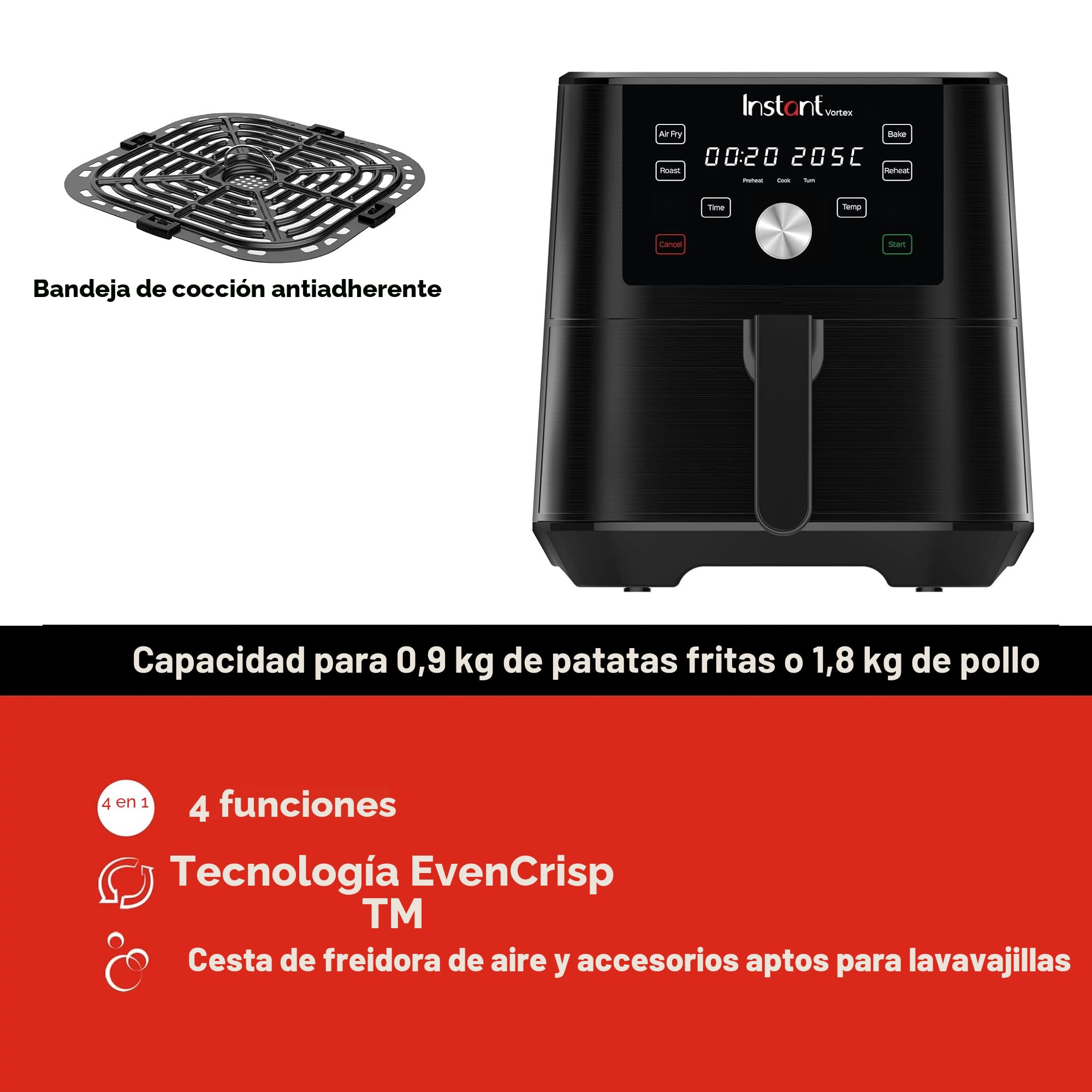 Instant Pot Vortex 4 en 1 Freidora de Aire Digital Antiadherente con Temporizador y Función de Horno y Calentador, 1.700 W – 5,7 L