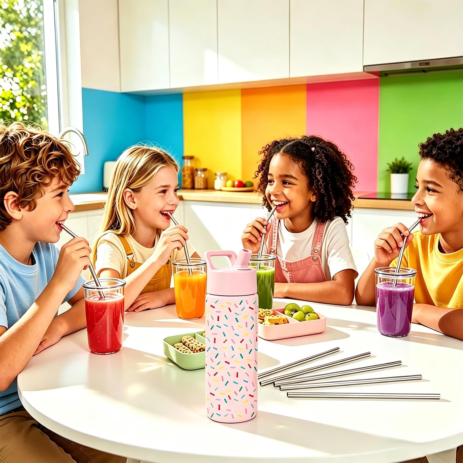 4Pcs Metal Straws Replacement Compatible With Simple Modern 18oz Kids Water Bottle Stainless Steel Cup, With 2 Straw Cleaning Brush