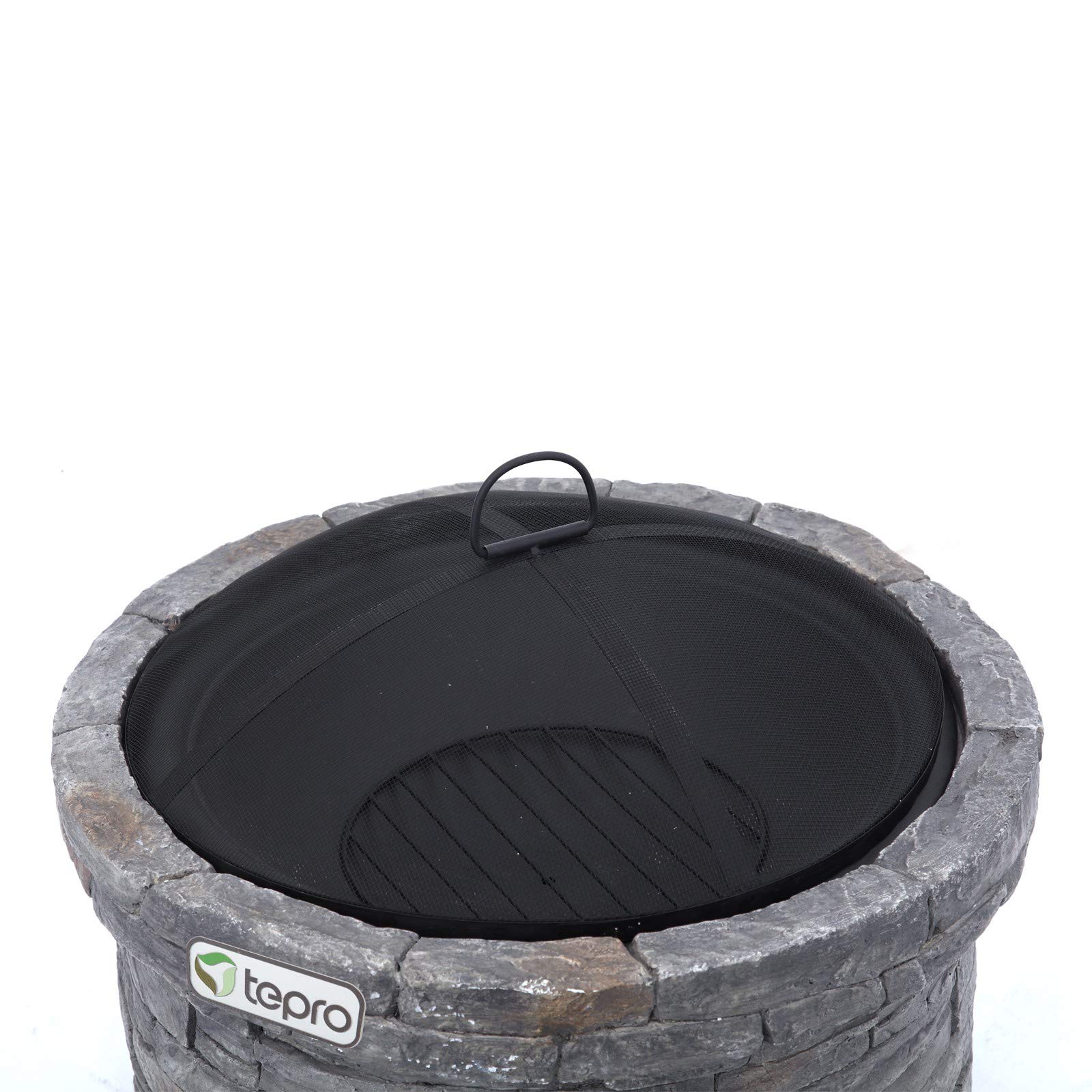 tepro Feuerstelle Gladstone Ø 67,5 cm – Outdoor Feuerstelle in eleganter Steinoptik mit Funkenschutz, Feuerrost & Schürhaken – dekorative Garten-Feuerschale mit feuerfester Stahlwanne