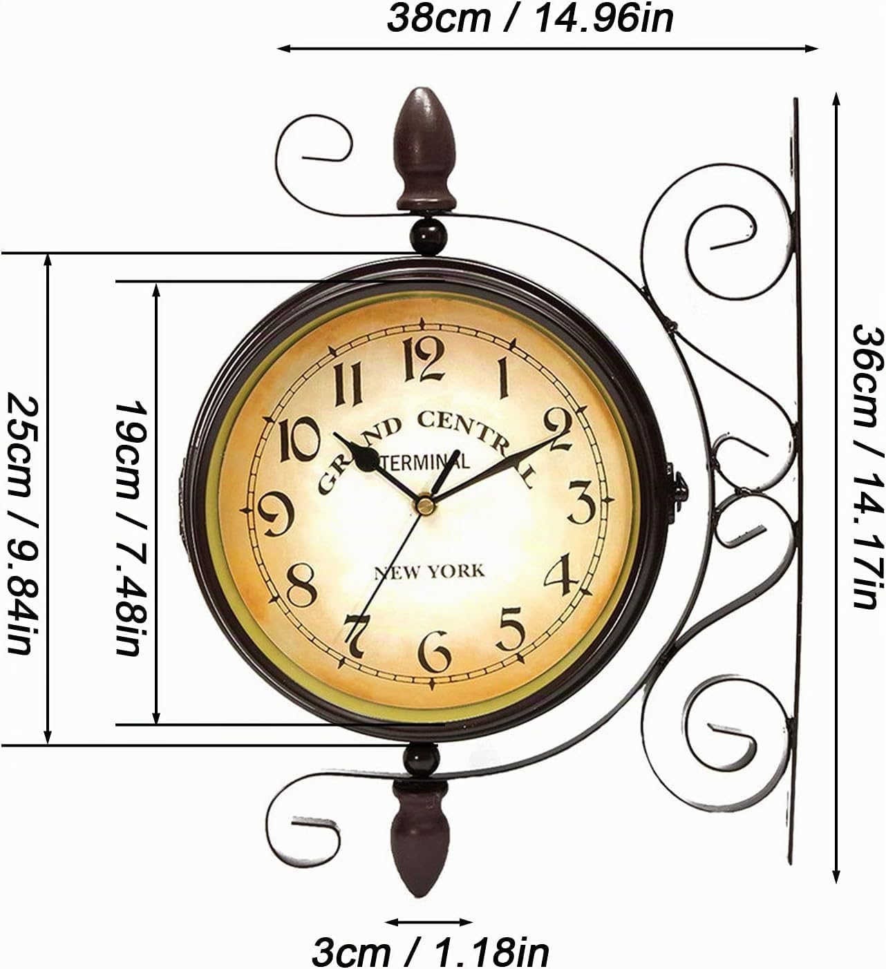 Horloge murale rotative double face rétro en fer forgé - Étanche - Nostalgie noire - Pour gare, salon, porche, couloir, jardin