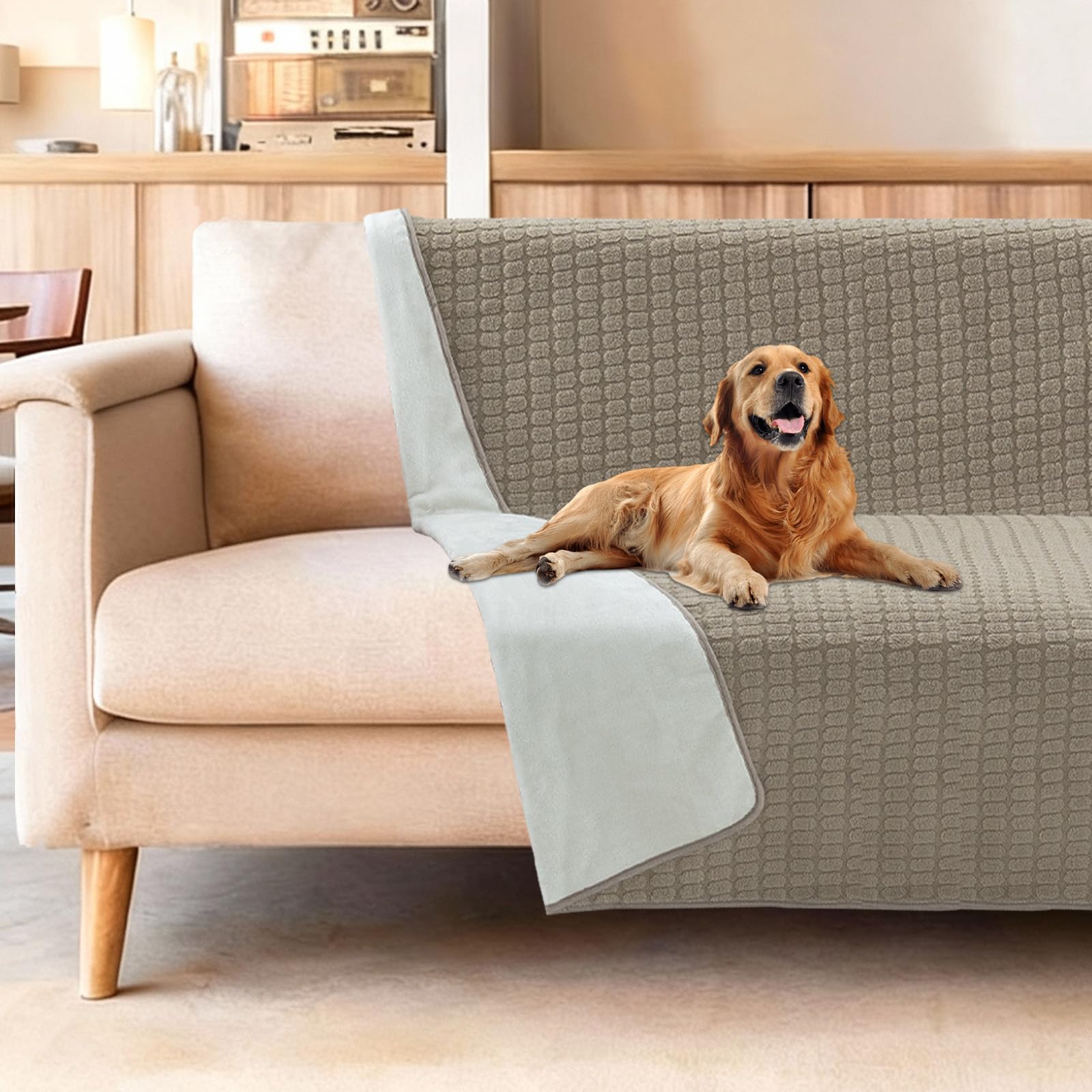 H.Versailtex Waterproof Dog Blanket -Washable Pet Blanket for Large Dogs, Reversible Pet Throw Protects Bed and Sofa with Soft Plush, 152x203cm, Sand