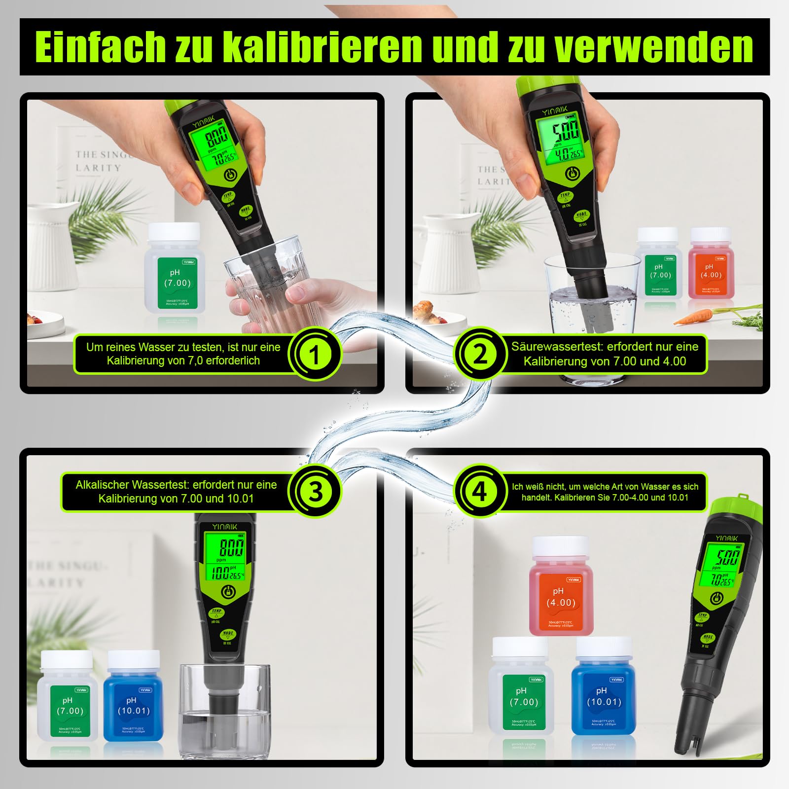 YINMIK pH EC Messgerät Pool pH Tester 4 in 1 Leitfähigkeitsmessgerät PPM Tester Gleichzeitige Messung von pH, EC, Temperatur und TDS für Wasser, Aquarium, Bierherstellung, Hydroponik