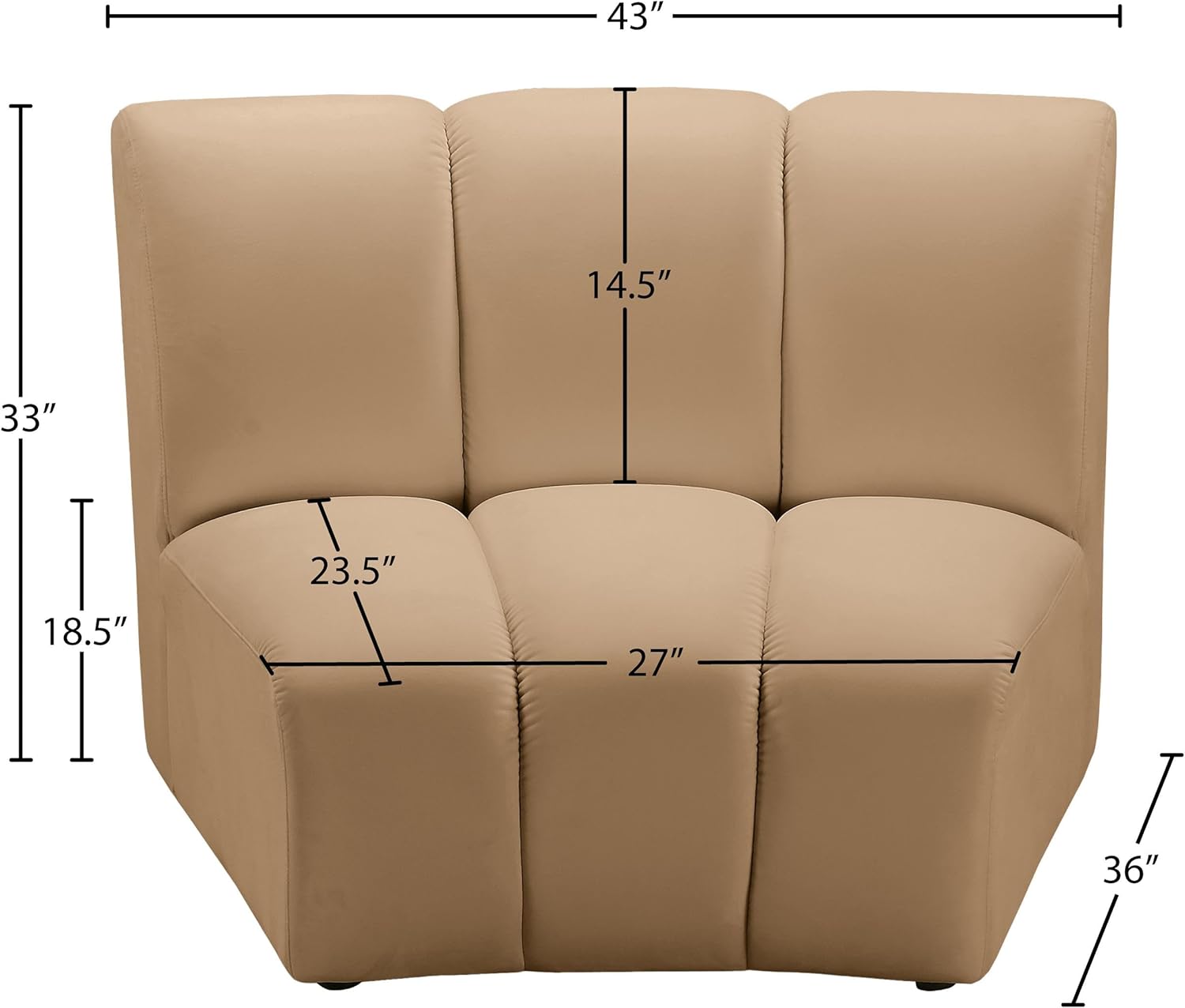 Meridian Furniture 638Camel-C Infinity Collection Modern | Contemporary Velvet Upholstered Modular Chair with Luxurious Deep Channel Tufting, Camel, 43" W x 36.5" D x 32.5" H