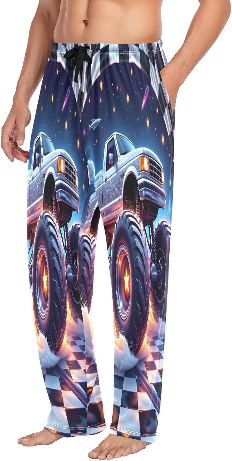 ALAZA Monster Truck Checkered Men's Pajama Pants Men Cotton Pajama Bottoms with Pockets, S