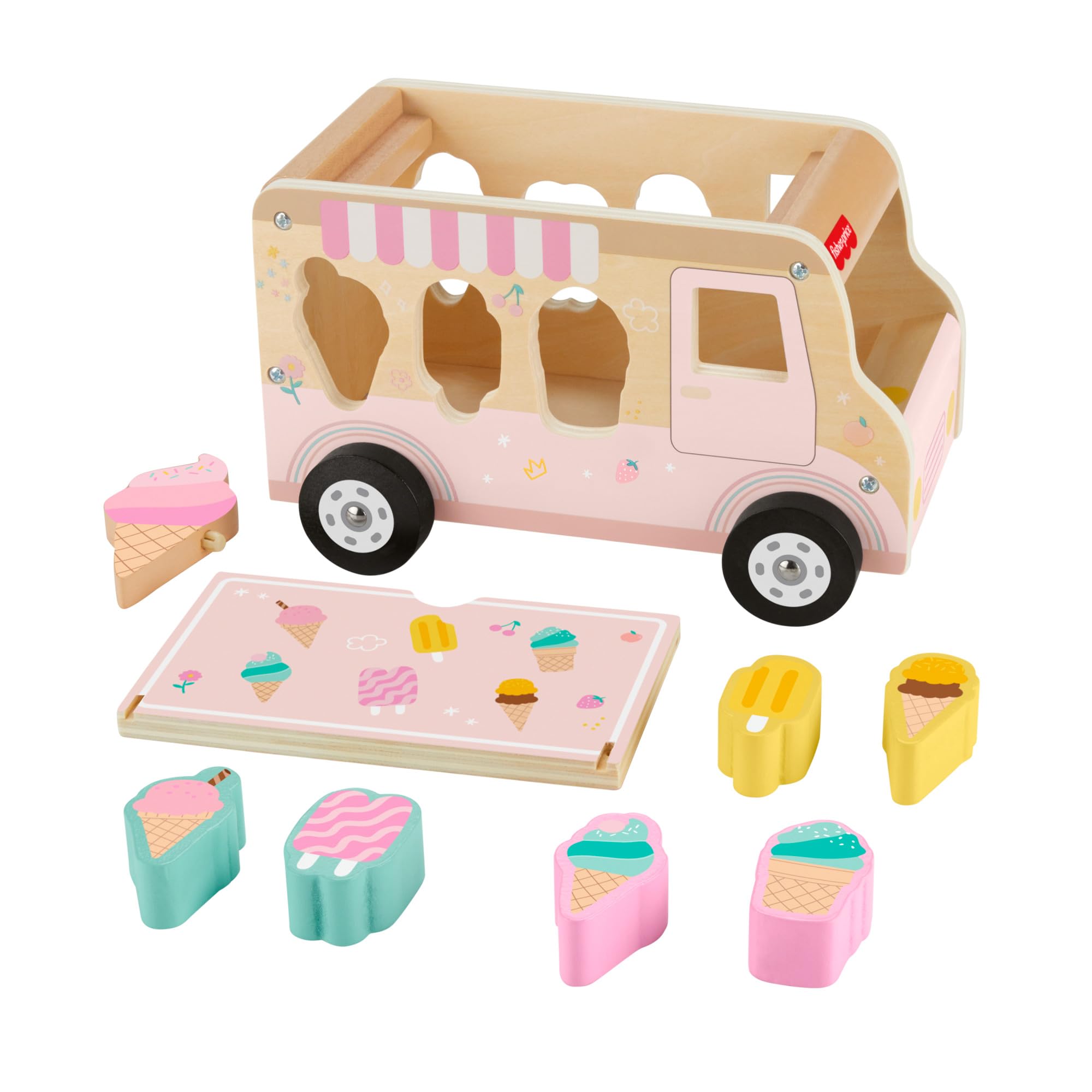 Fisher-Price Ciężarówka z lodami Drewniany sorter kształtów Drewniana zabawka z 8 elementami do zabawy rozwojowej dla dzieci od 18 miesiąca życia, HXT86