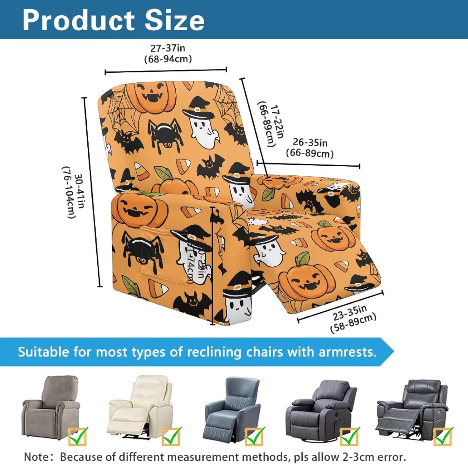 FOR U DESIGNS Ghost Pumpkin Recliner Slipcovers 4-Piece Set Stretch Fabric with Elastic Edges Washable for Reclining Chairs Easy Install for Pets Kids Prevent Stains
