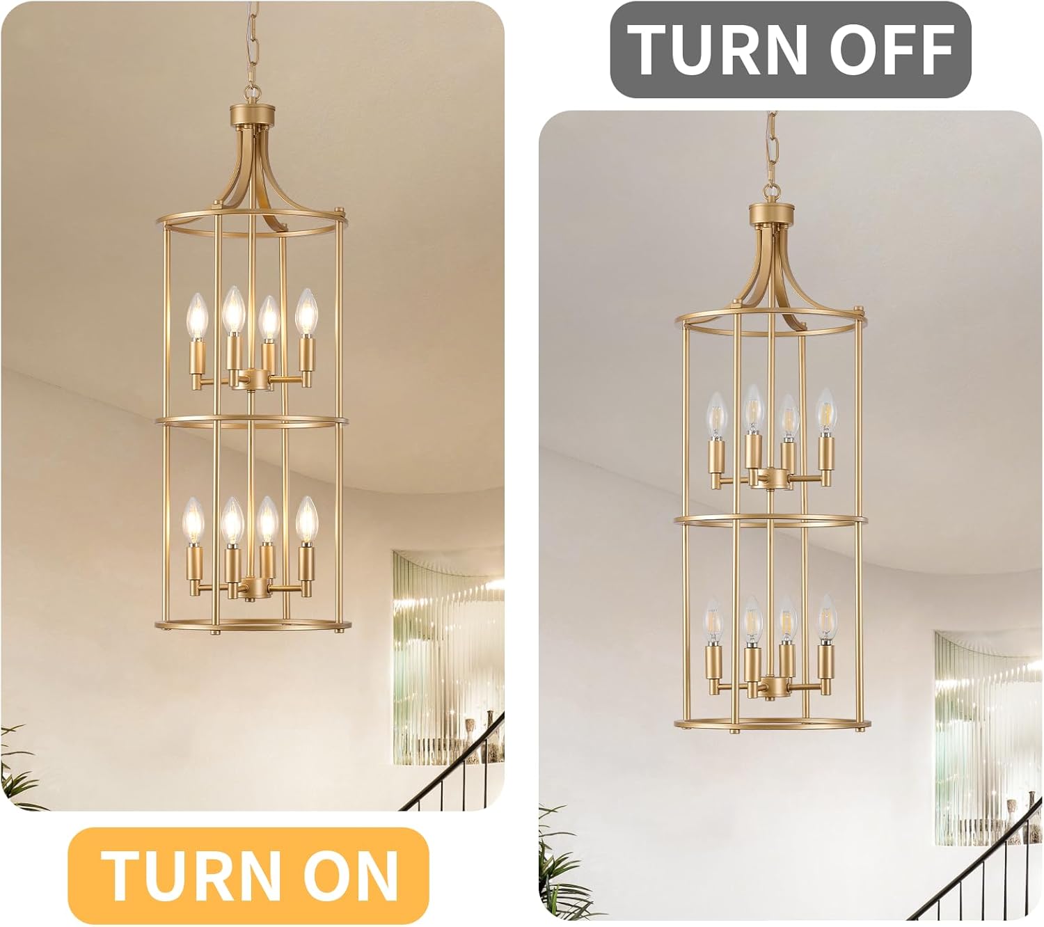 Foyer Chandeliers for High Ceilings, Lantern Tiered Gold Chandelier Light Fixture Metal Modern Farmhouse Pendant Lights for Kitchen Island Entryway Staircase Living Room Dinning Room (Gold)