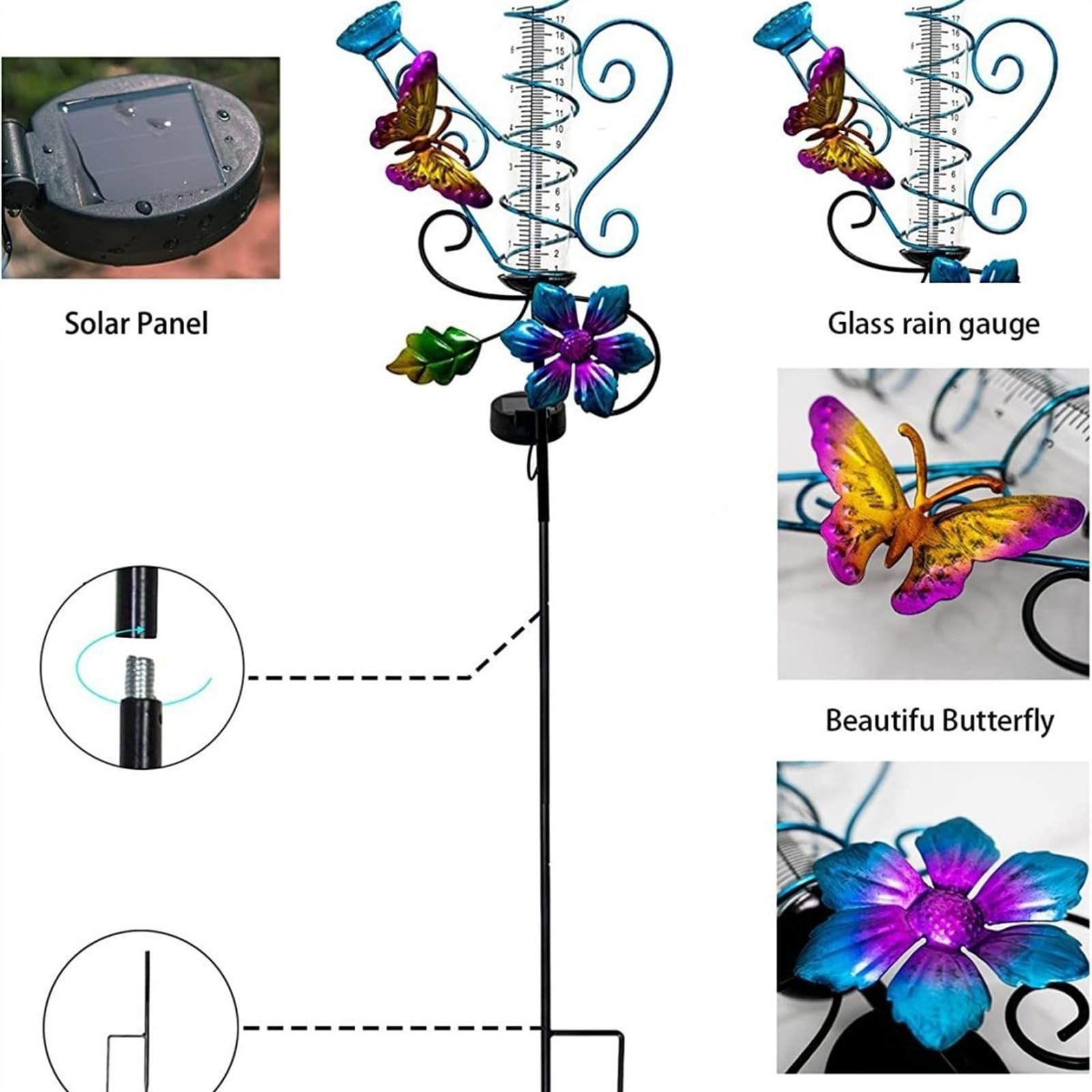 Jardin Solaire LED Papillon Pluviomètre Piquet Métal Jardin Lumières Précipitations Niveau d'eau Mesure Mètre Décoratif for Jardin, Balcon, Patio, Chemins, Cour