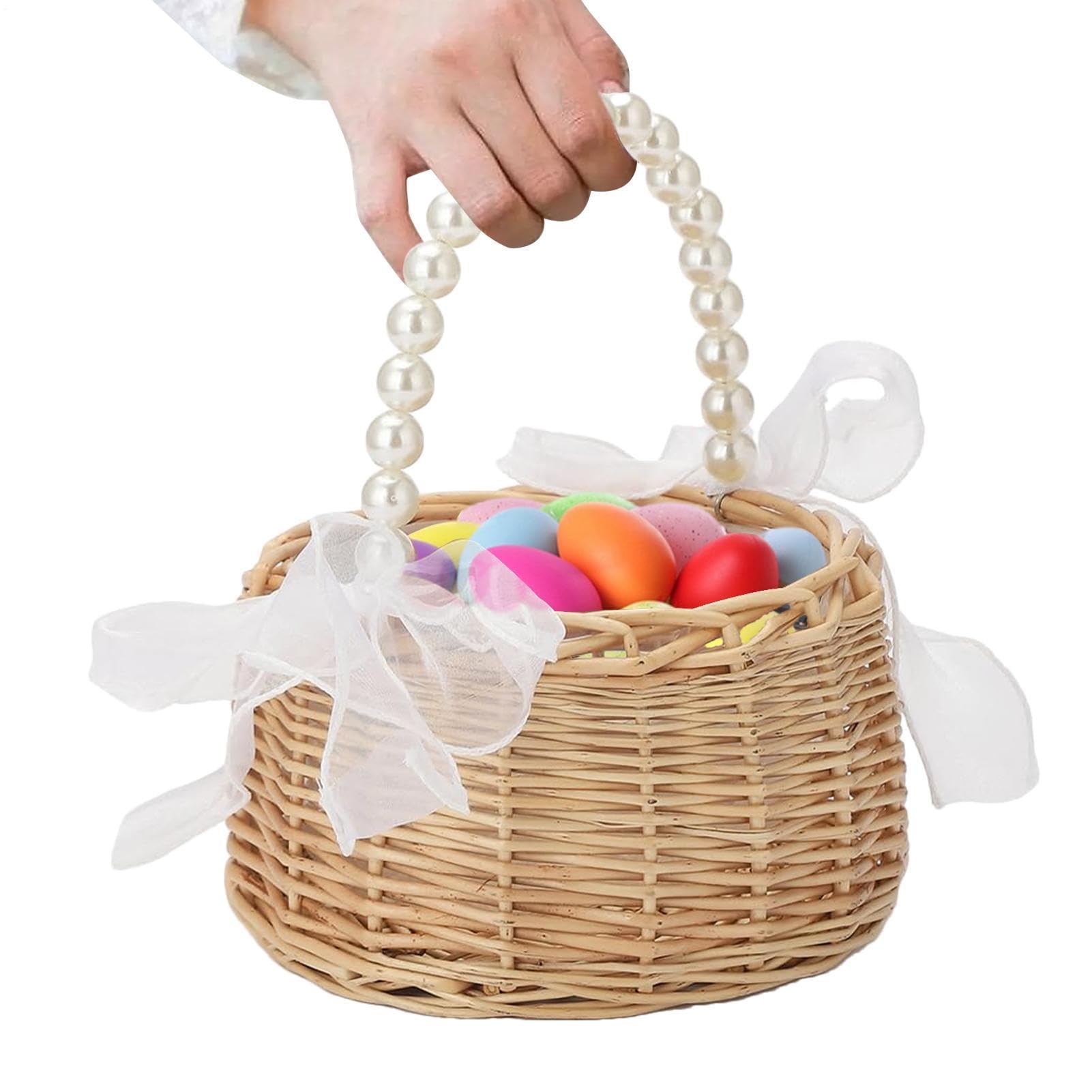 Cesto per fiori intrecciato, con manico di perle, cestino per biglietti di auguri di nozze, per damigelle d'onore, decoratori, biglietti di auguri, snack, casa, soggiorno, addio al nubilato, caminetto