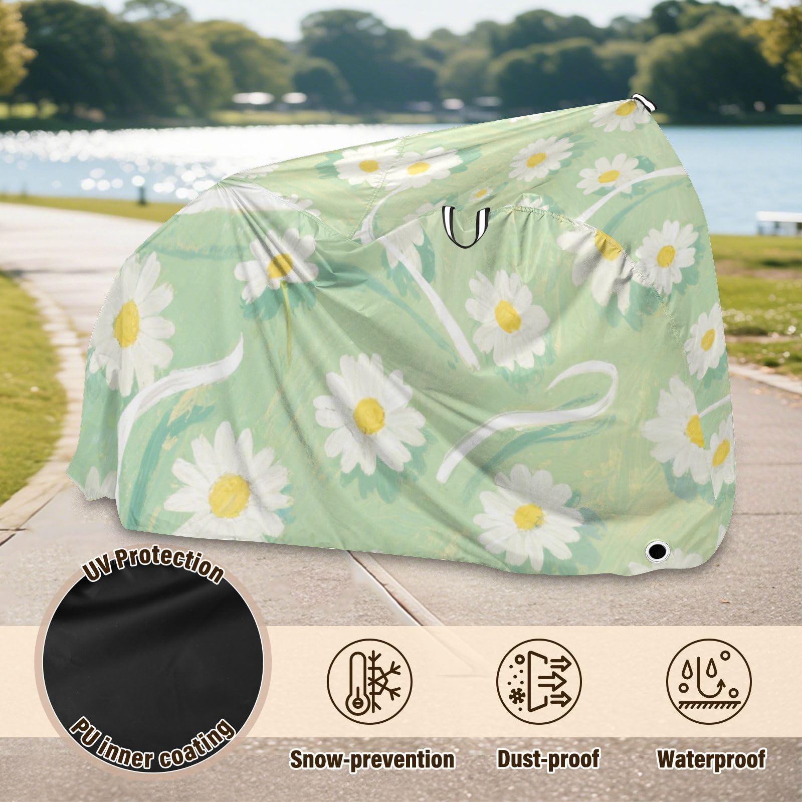 Housse de vélo imperméable avec trous de verrouillage - Résistante aux UV - Pour intérieur et extérieur - Convient à la plupart des motos - Blanc - Motif marguerites
