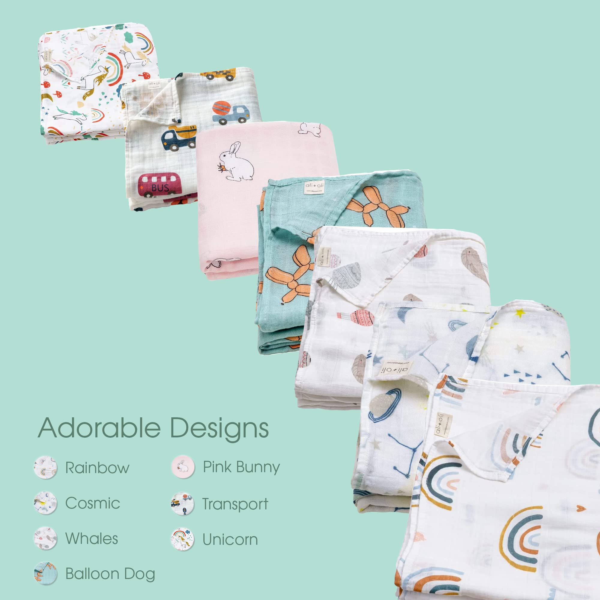 Ali+Oli Manta de muselina para bebé (blanco) grande de 47 x 47 pulgadas, rayón suave hecha de bambú y algodón orgánico, manta de muselina lavable a máquina, manta de recepción para recién nacidos a