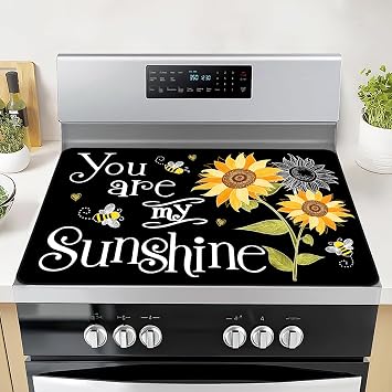 Sunflowers Stove Top Covers for Electric Stove, You Are My Sunshine Stove Cover Non-Stick Kitchen Pad for Mother Day Gift for Wife Mom, Gas stovetop cover Cooktop Mat Keep Stove Clean Black